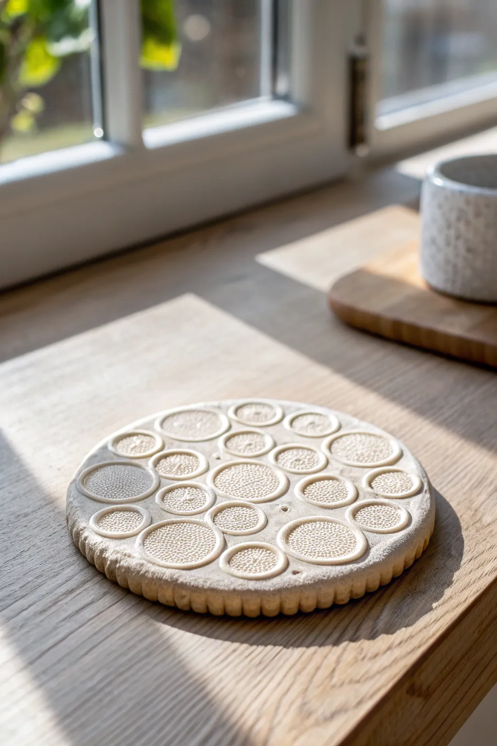 Minimal clay coaster with bubbly bottlecap ring prints, Scandinavian boho light, high contrast.