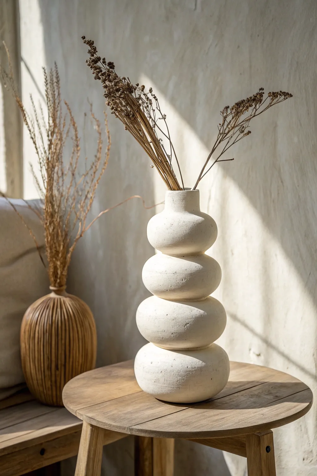 Matte off-white bubble stack vase with bold dried stems, minimal Scandi style and soft boho warmth.