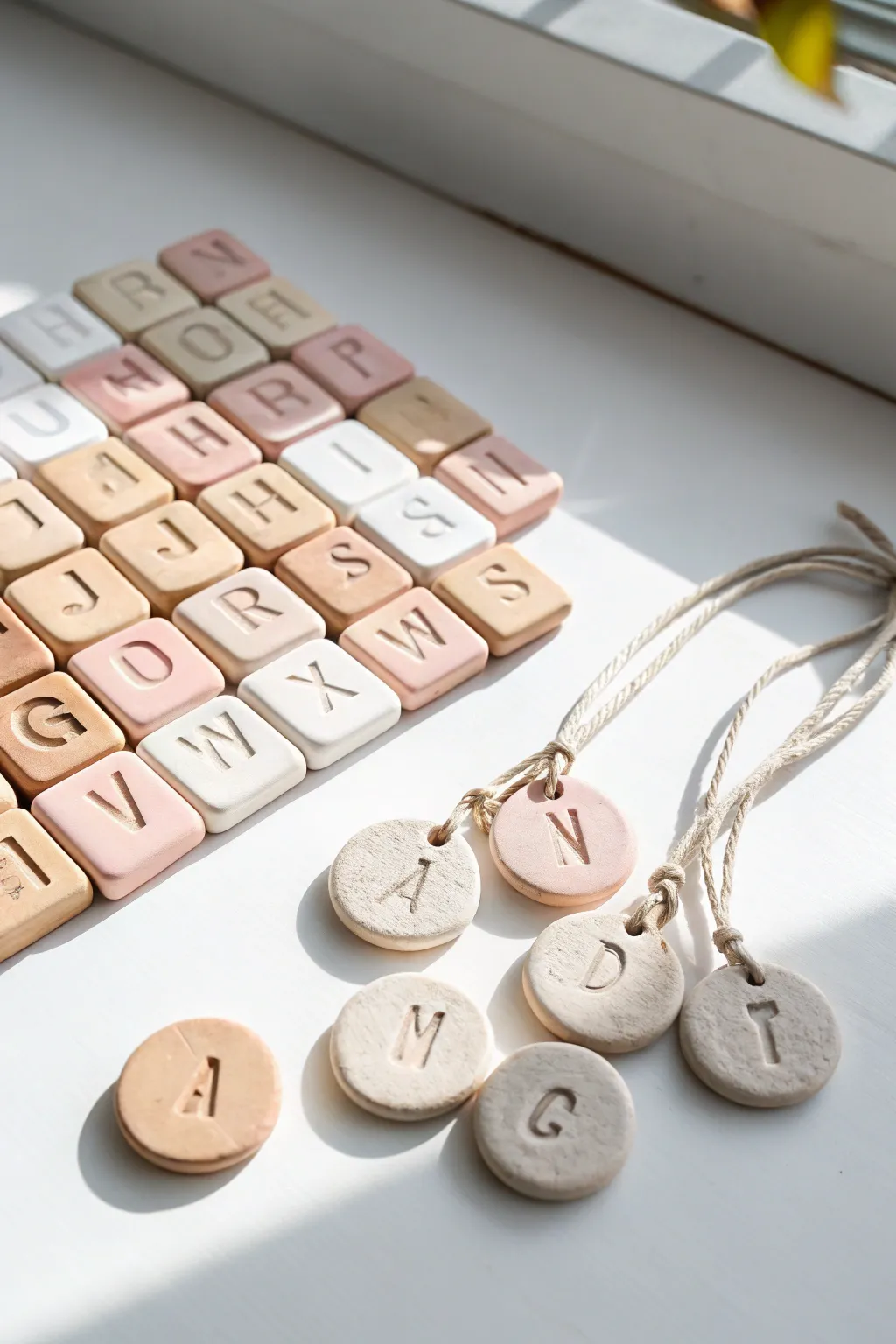 Pastel clay letter tiles and initial tags, neatly arranged for a minimalist boho desk accent.