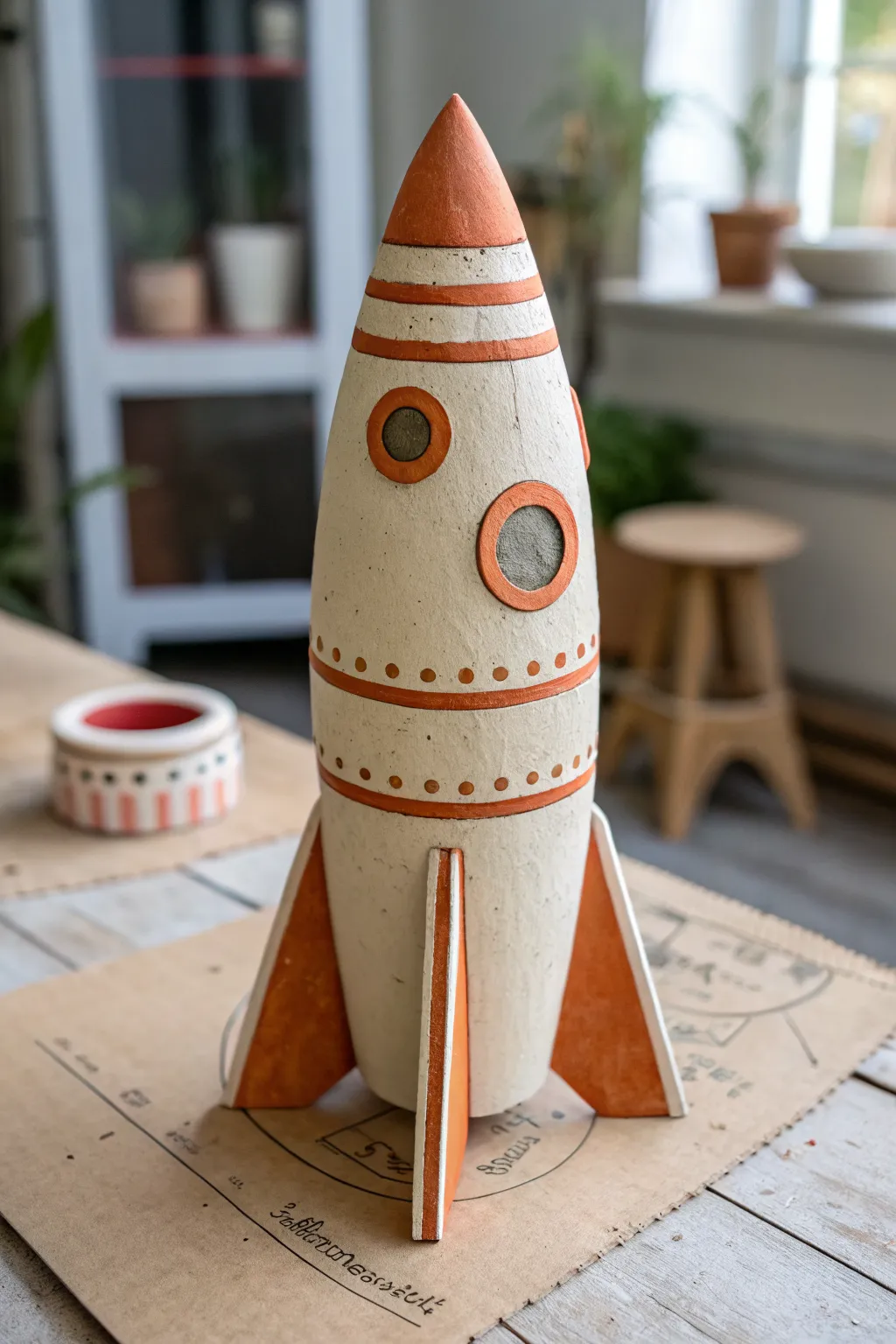 Easy clay rocket on a cardboard tube base, bold shapes and playful stripes for kids.