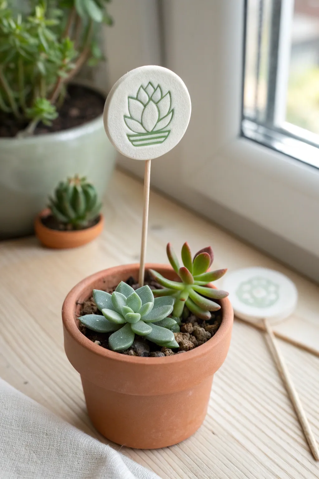 Minimal polymer clay plant marker with tiny raised icon, styled in a cozy Scandinavian pot scene