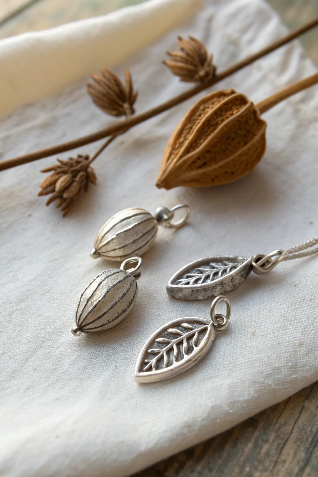 Tiny silver clay seed pod charms with real pods beside them, minimal, bright, and handmade