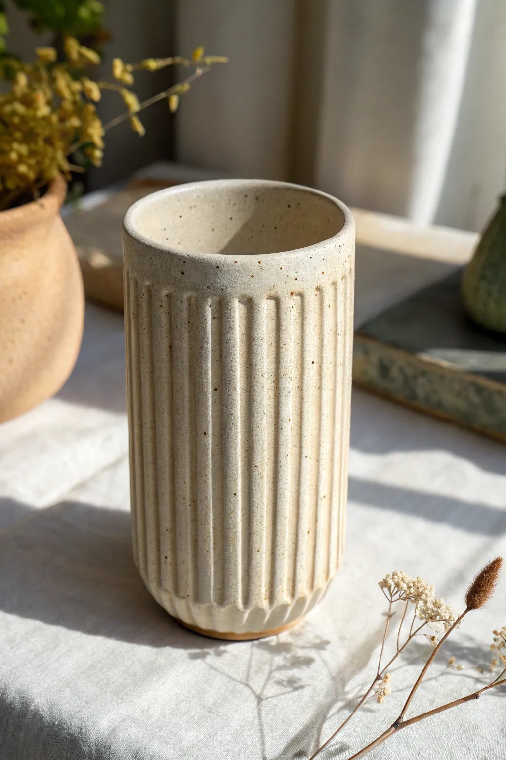 Fluted slab cylinder with soft pinches and a light-catching glaze for calm, sculptural texture.