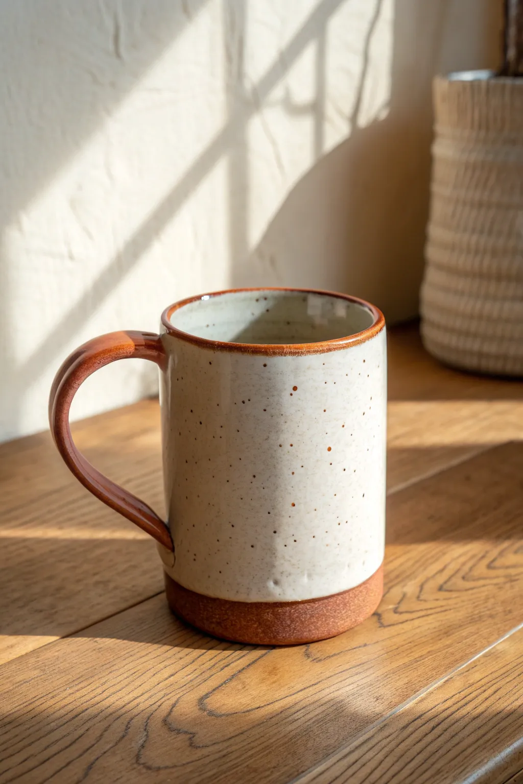 Bold slab mug with strap handle and thumb rest, minimal Scandinavian style, cozy boho vibe.