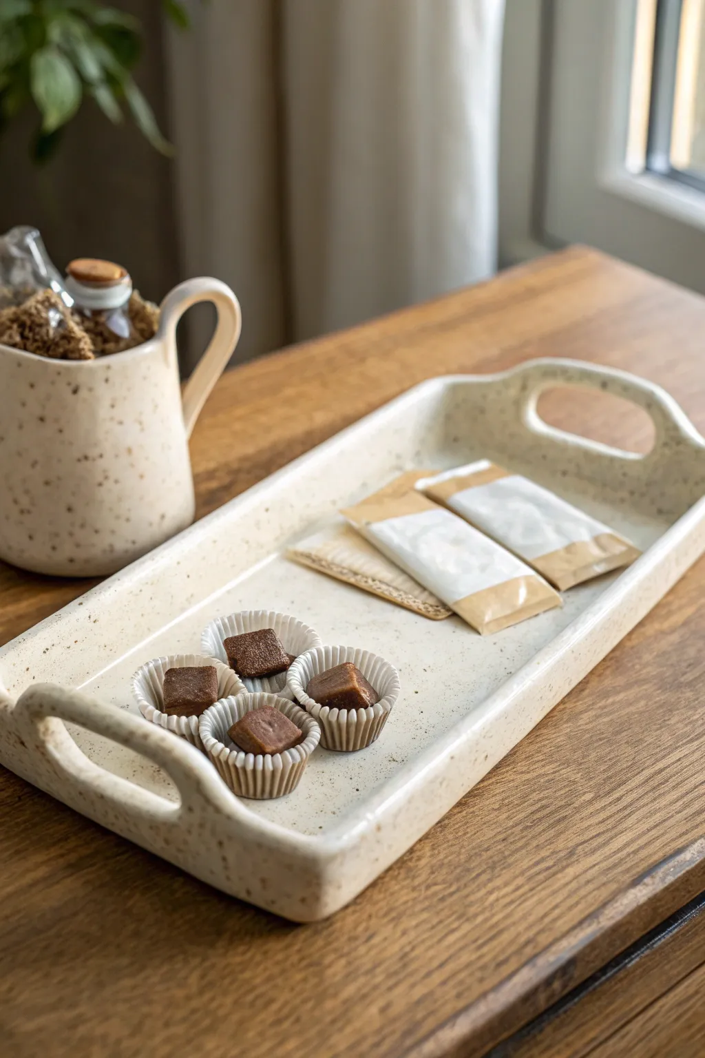 Minimal slab tray with cutout handles, styled with tea bags and sweets in soft natural light.