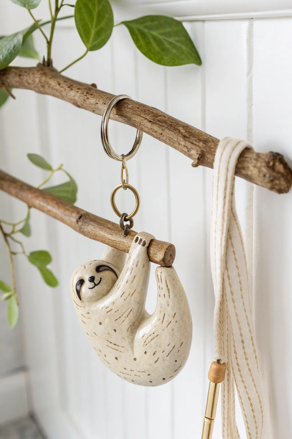 Minimalist ceramic sloth hook clinging to a branch, perfectly holding keys with cozy boho warmth