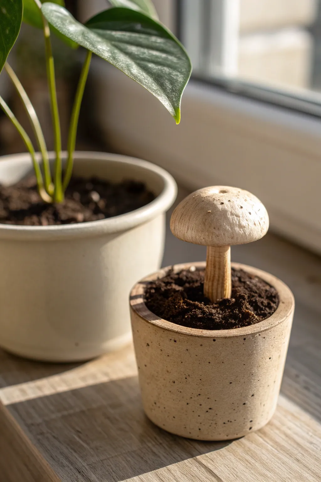 Tiny air dry clay mushroom plant topper adds a whimsical, minimalist accent to your houseplant pot.