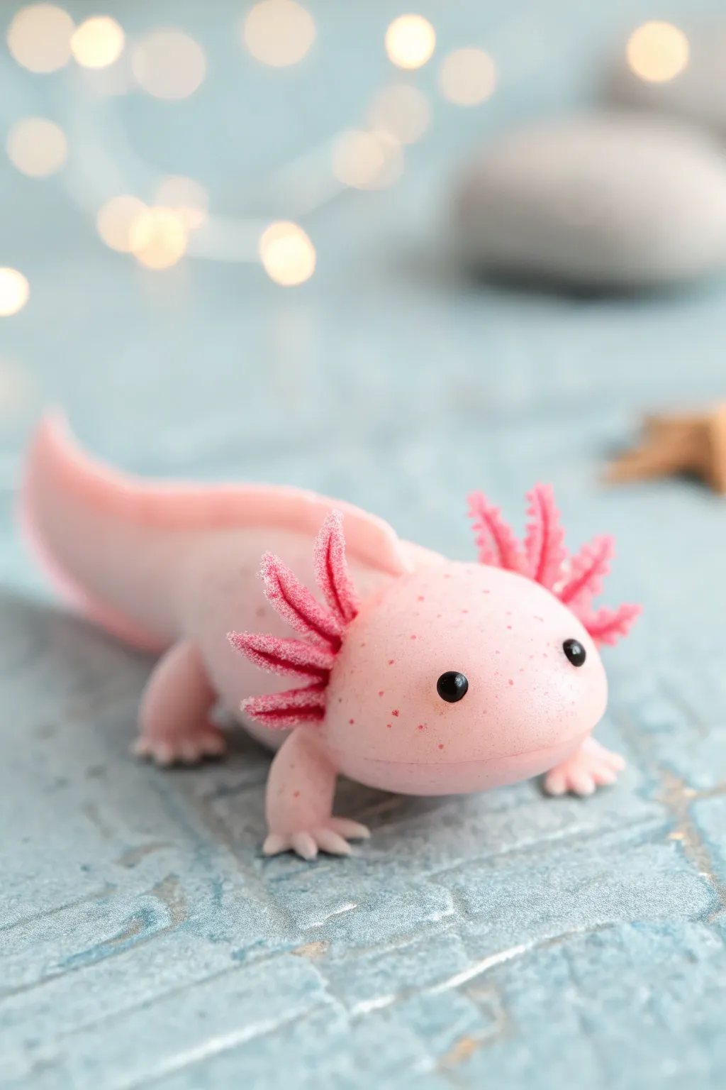 Pastel clay axolotl with frilly gills on a pale blue background, simple and sweet.