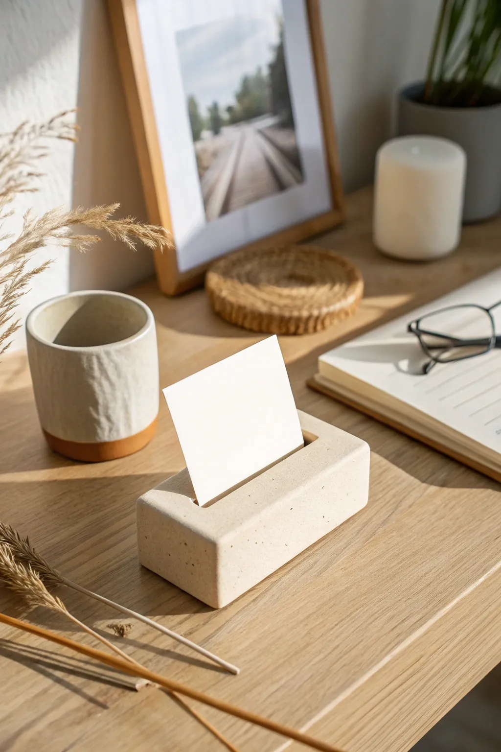Minimal clay card holder for tiny notes, styled on an everyday desk in soft Scandinavian boho calm.