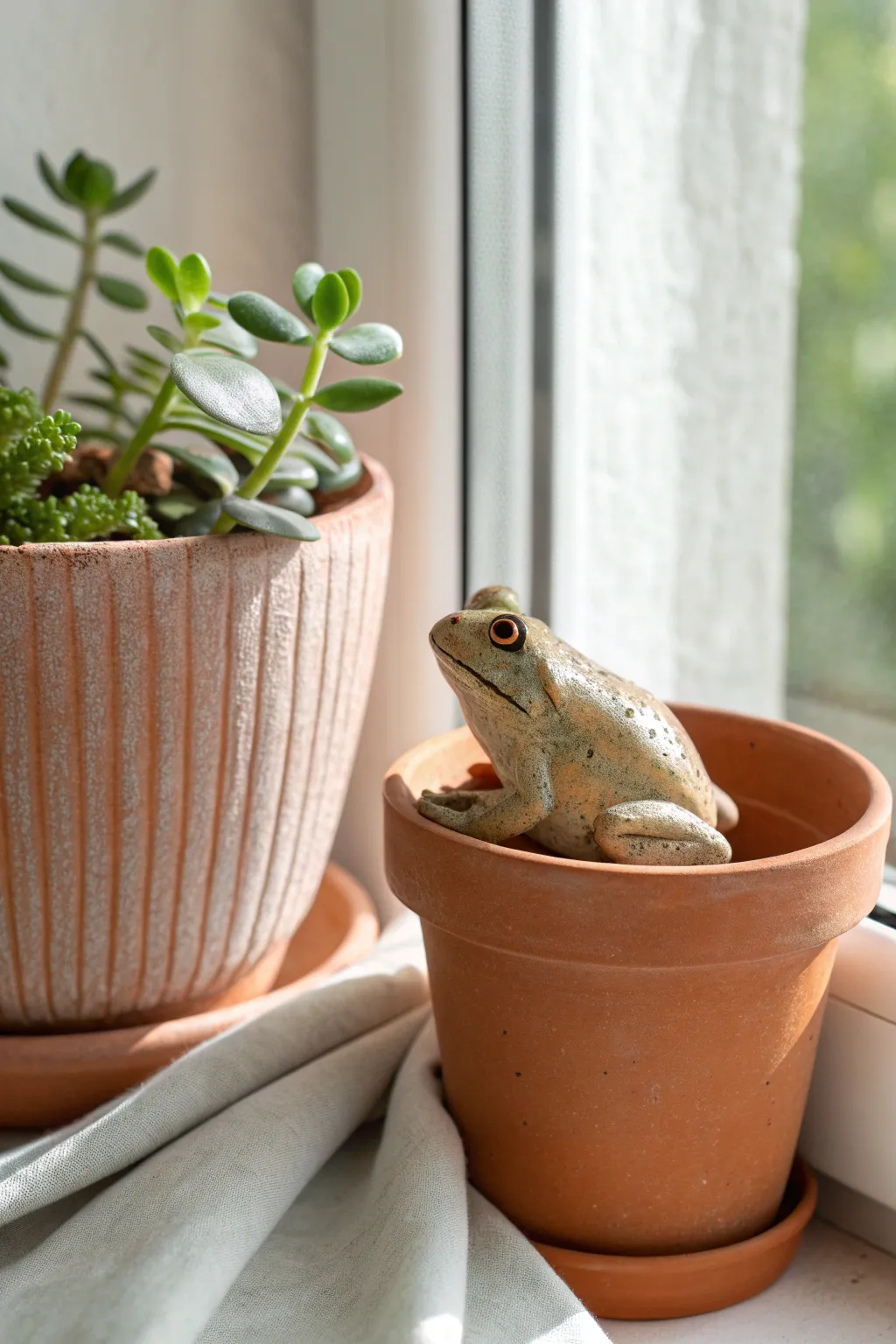 Palm sized clay frog critter perched on a pot rim, earthy tones and greenery in soft light