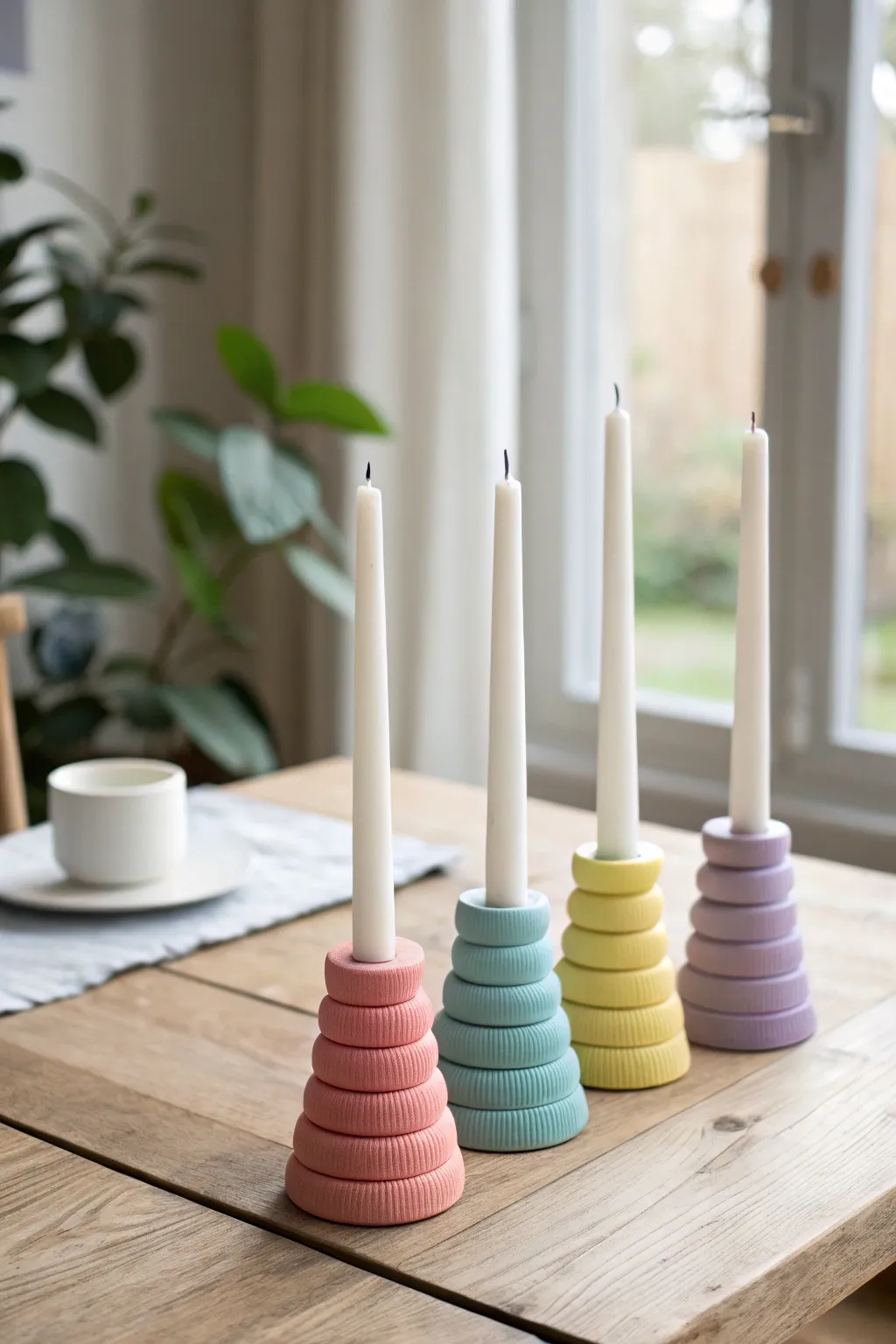 Mini candy-color clay candle holders in a clean Scandinavian centerpiece with cozy boho warmth