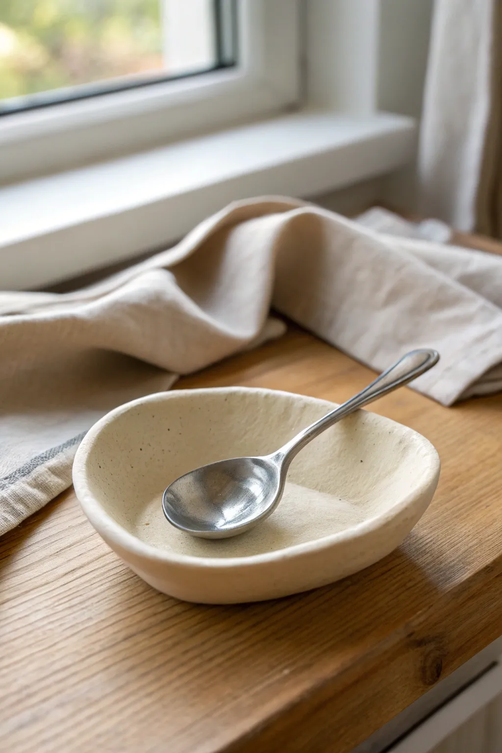 Tiny handmade spoon rest in soft neutral glaze, simple curves for a calm minimalist kitchen.