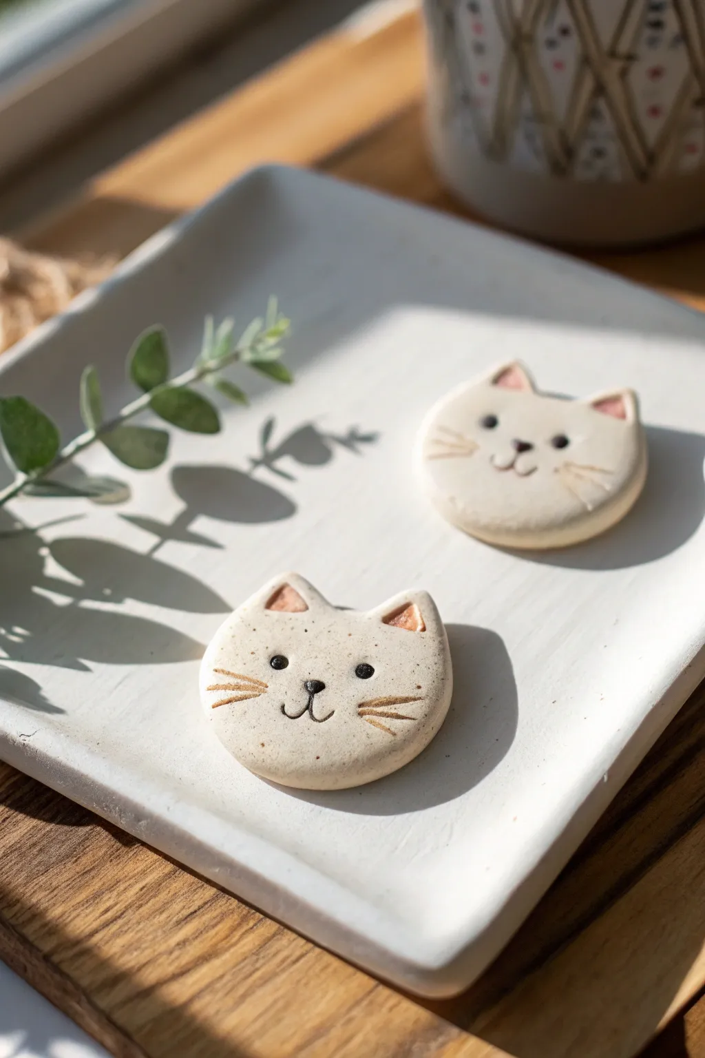 Sweet clay cat face button magnets with simple whiskers and varied ears, clean and cozy.