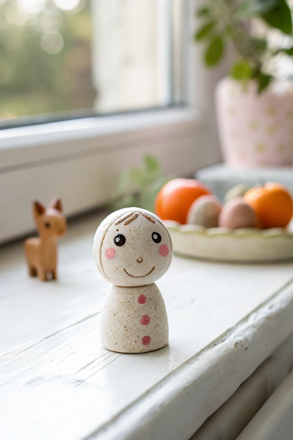 Mini clay magnet characters with happy faces and tiny fruits, simple and charming decor.