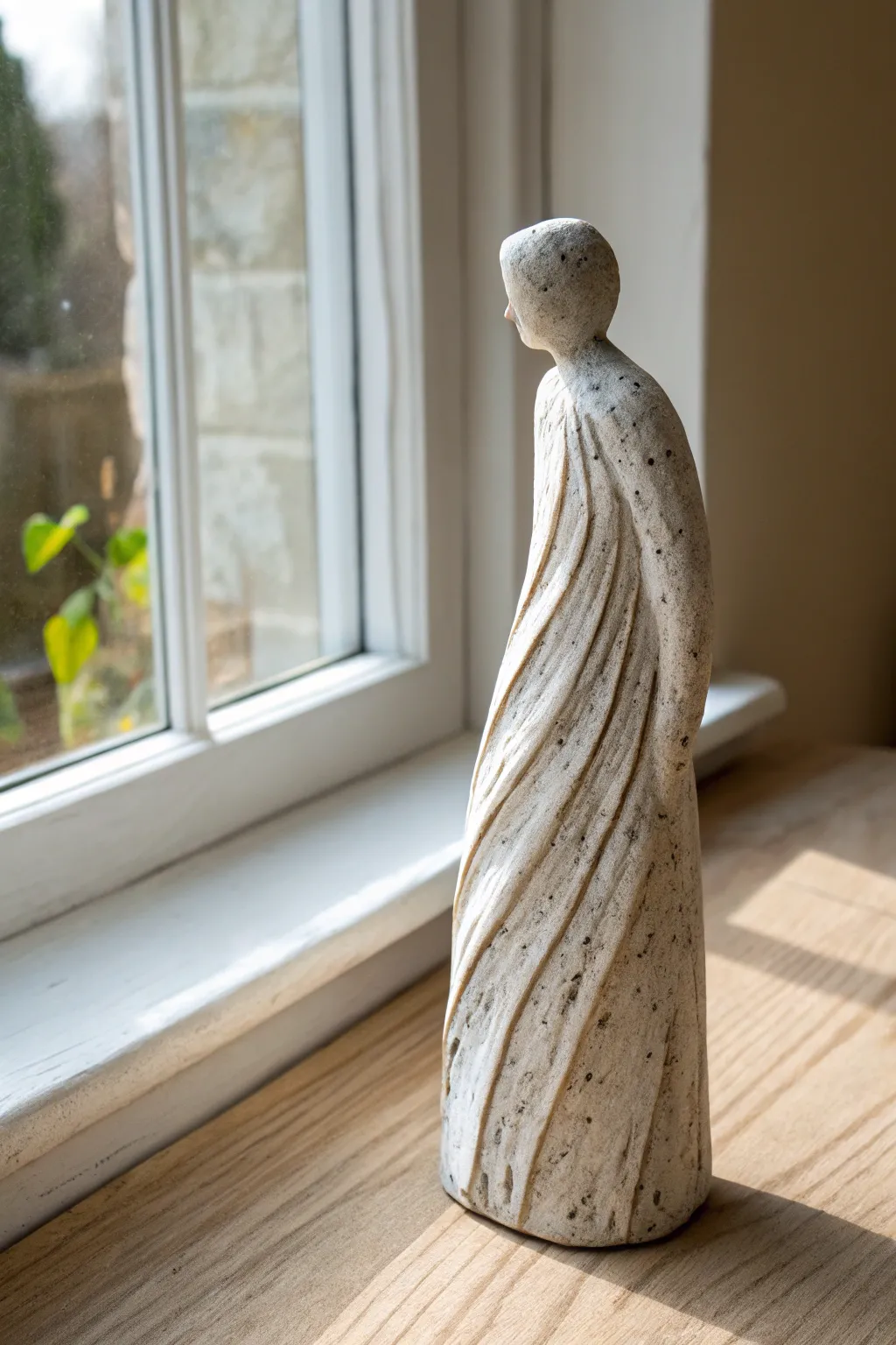 Windblown striped clay figure, minimalist and calm, capturing motion with handcrafted texture.