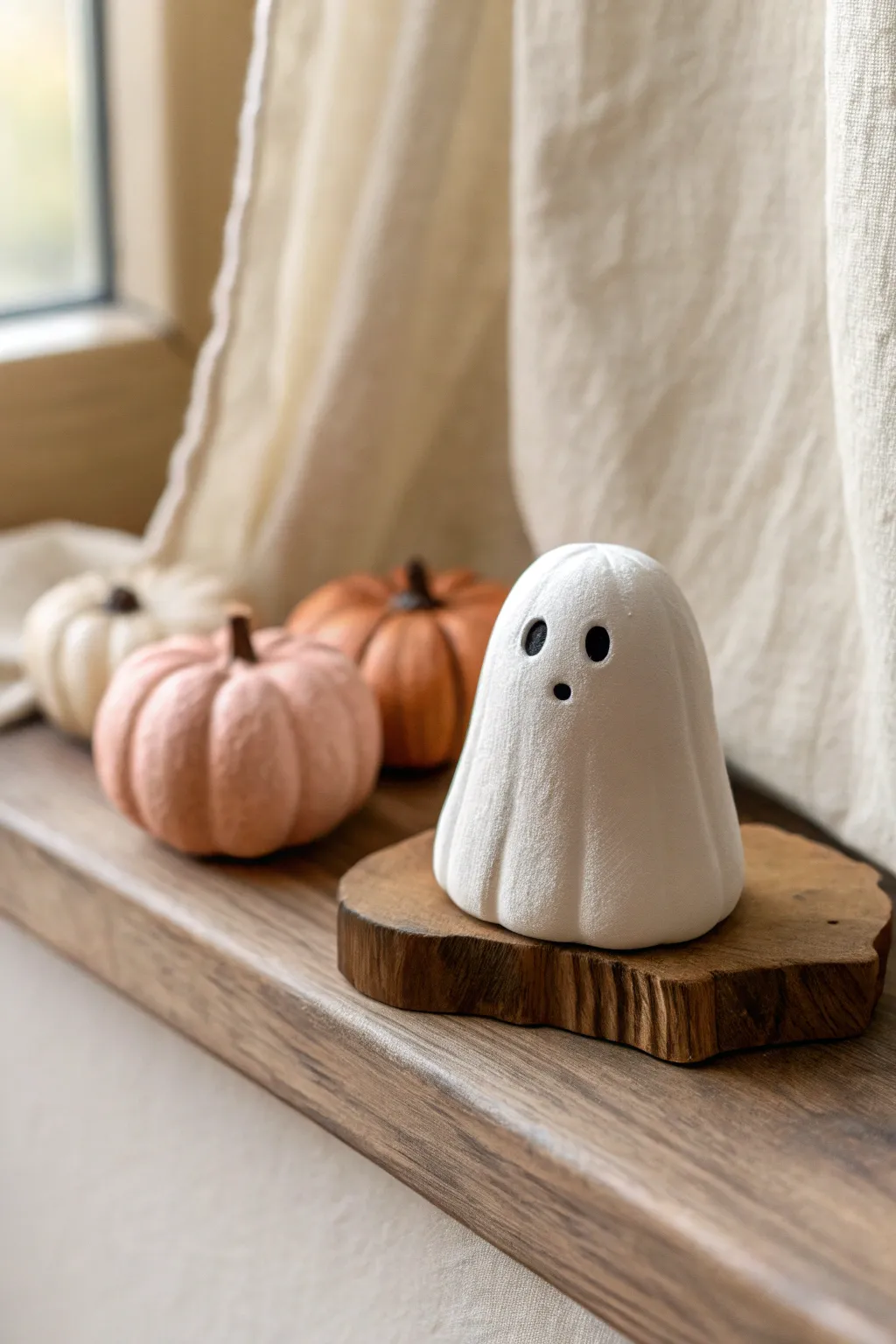Mini clay ghost with tiny pumpkins, an easy cozy Halloween accent in minimalist boho style