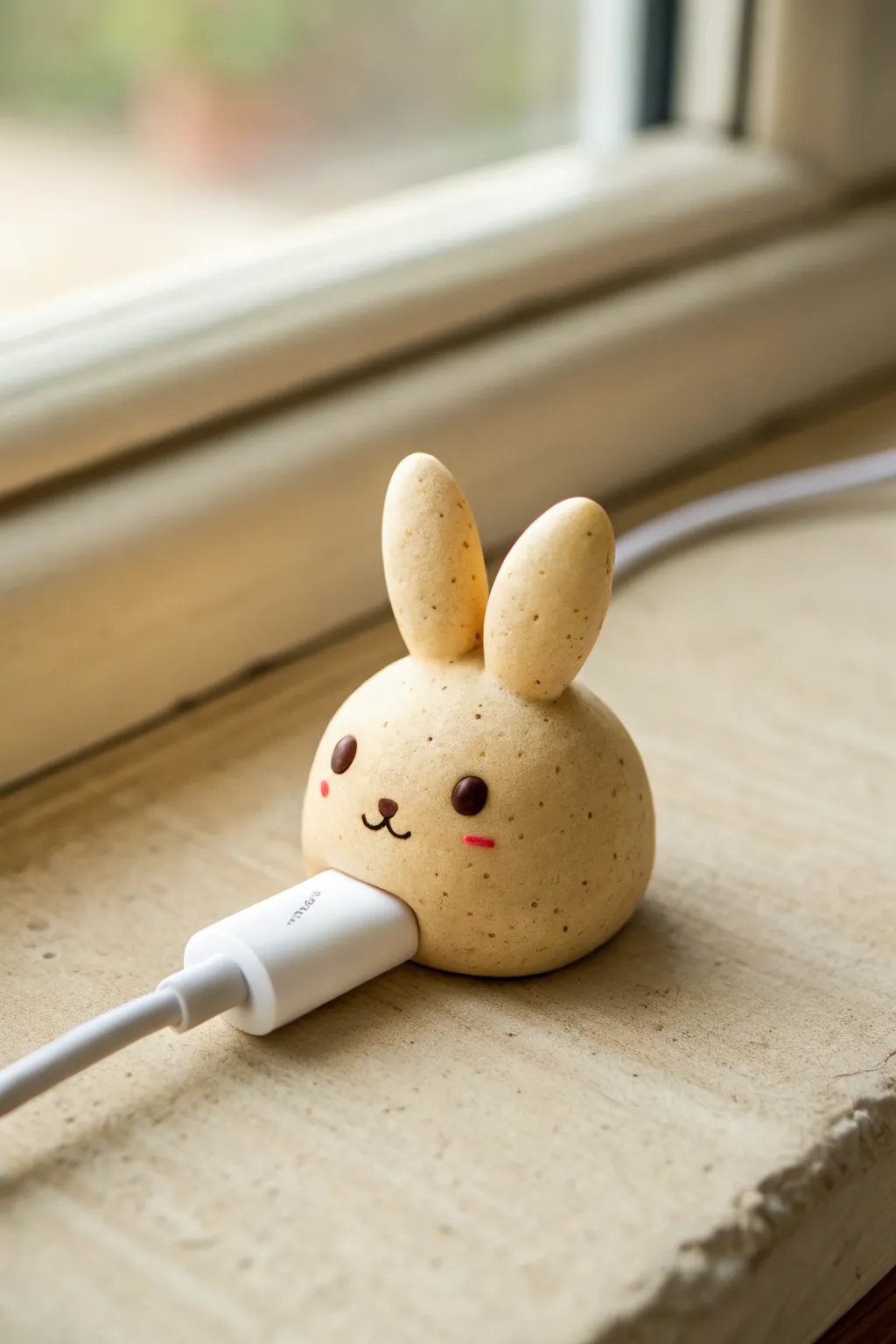 Teeny clay cable-saver animal with a sweet face, minimalist boho styling, DIY-friendly charm.