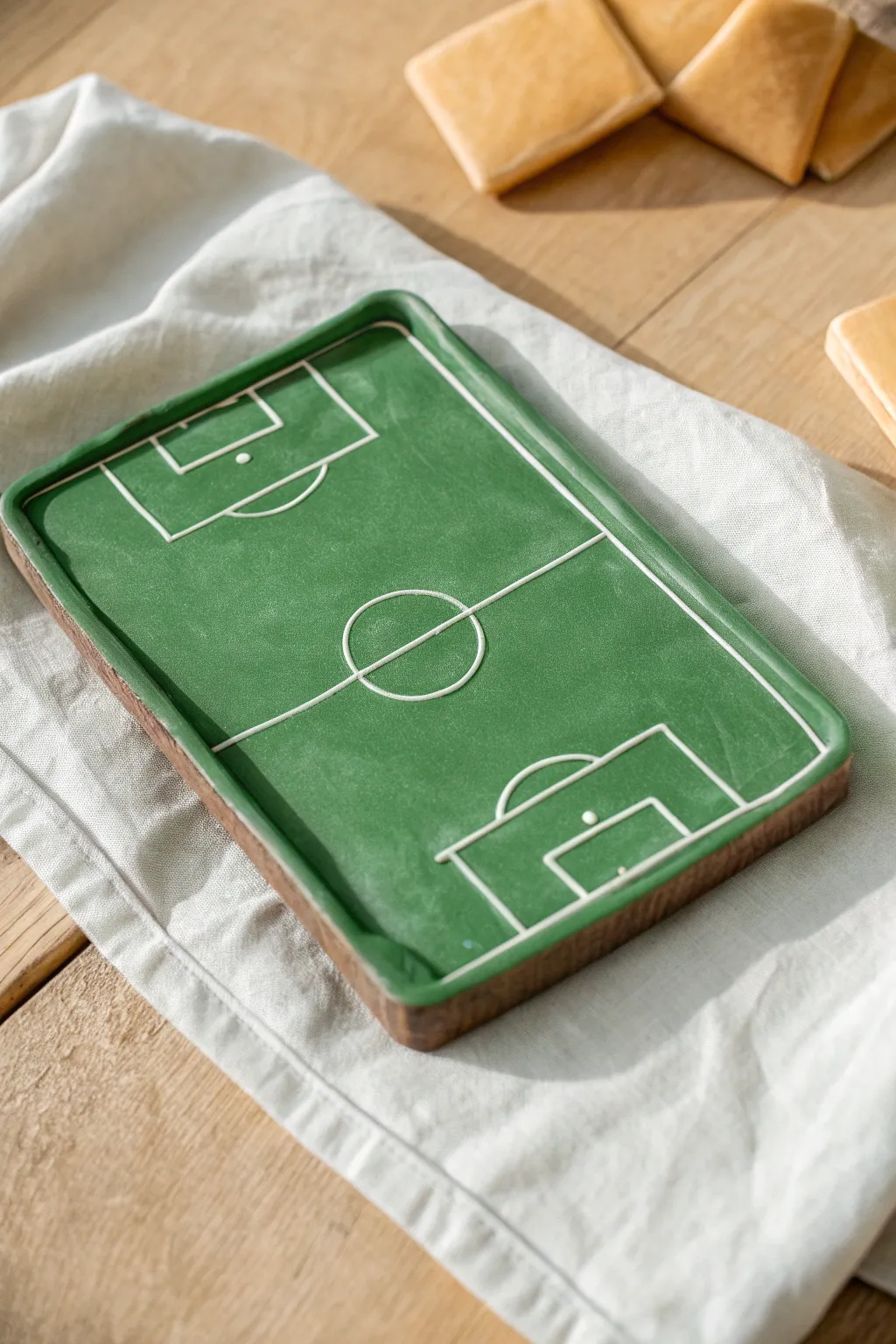 Mini clay soccer field slab with crisp white lines, minimalist and handmade for sporty decor.