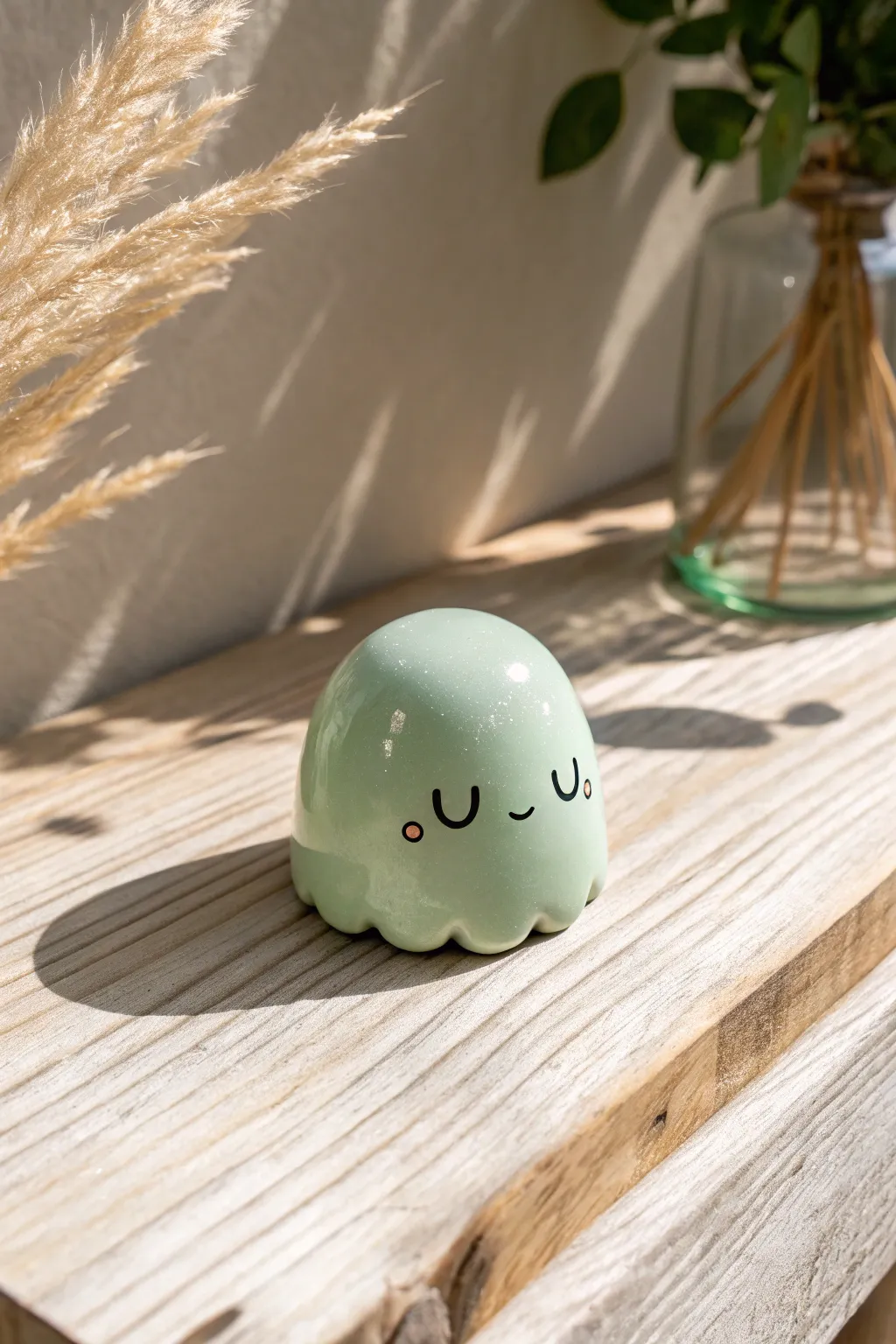 Mini sleepy slime creature in glossy air dry clay, softly melting with cozy minimalist charm