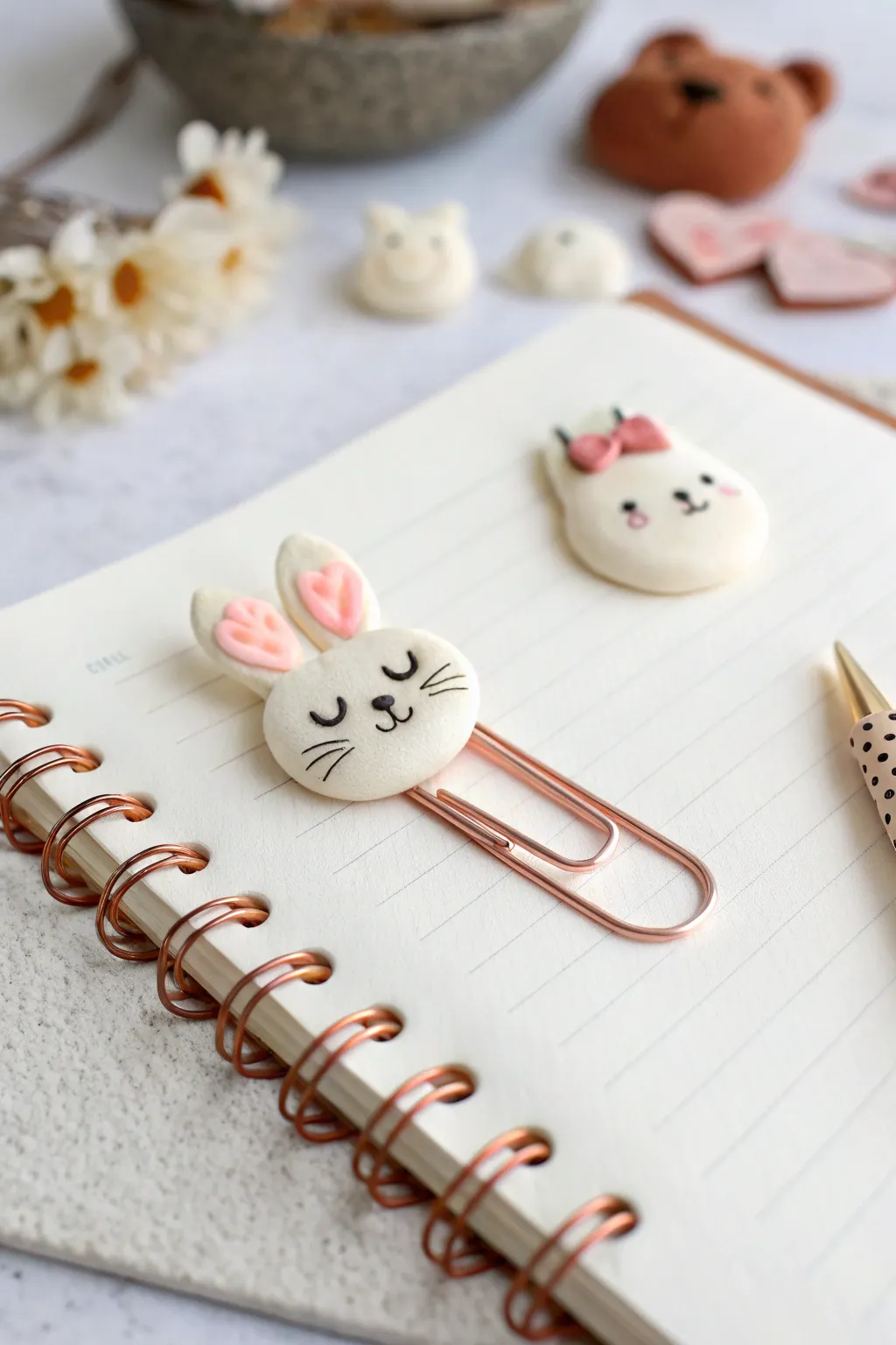 Soft clay animal paperclip toppers add a sweet handmade touch to your minimal notebook setup.