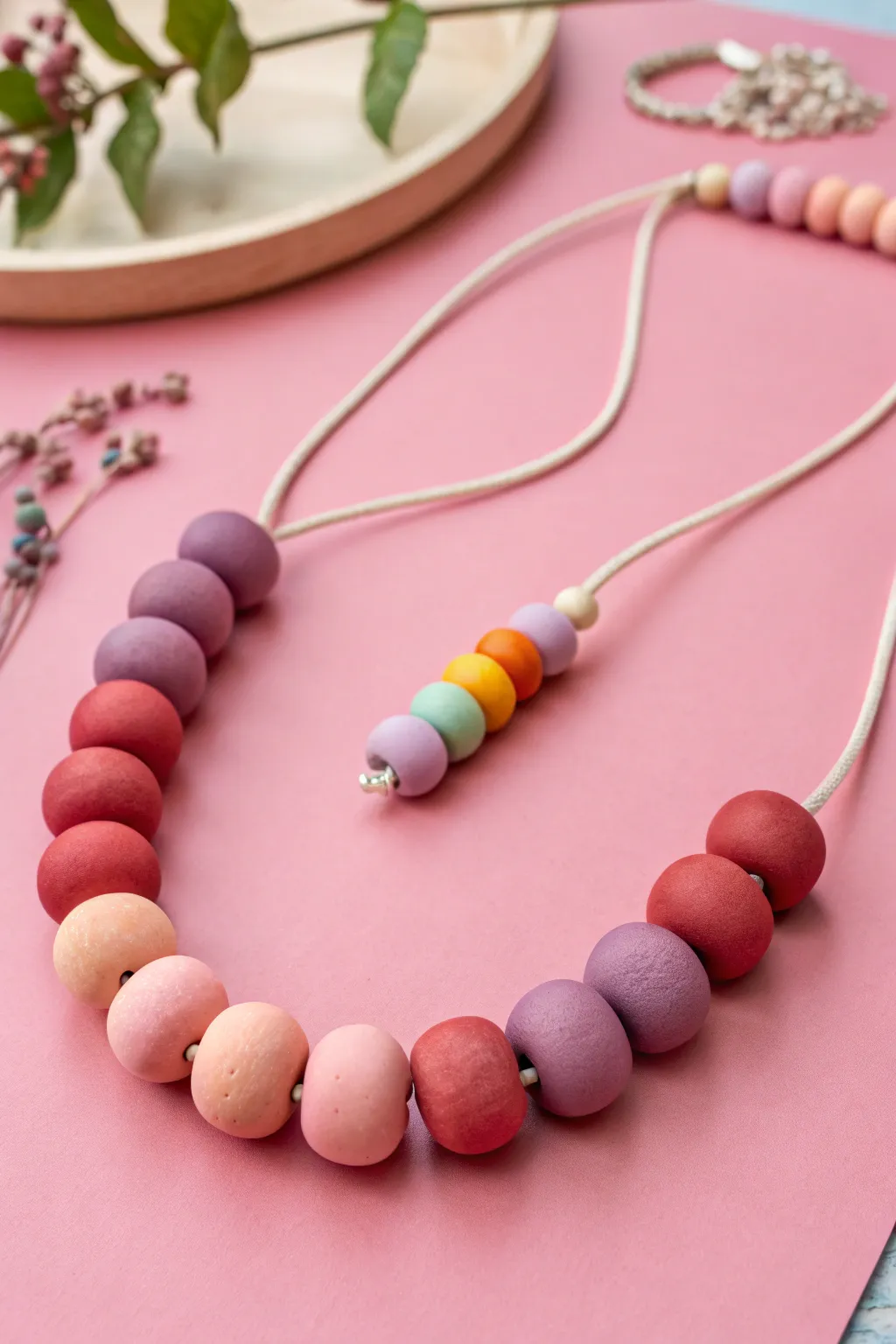 Rainbow big-hole clay bead necklace and matching bracelet, simple, playful, and kid-friendly