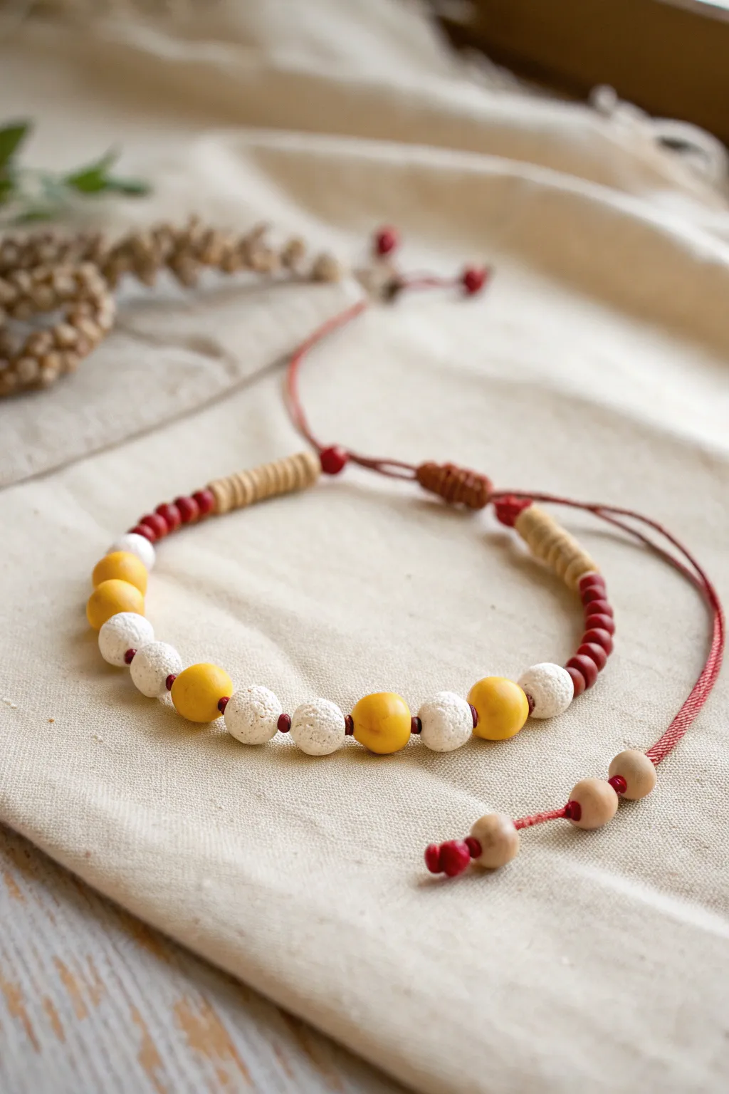 Half yellow, half white clay disc bracelet with tiny red stitch accents, clean minimalist boho vibe