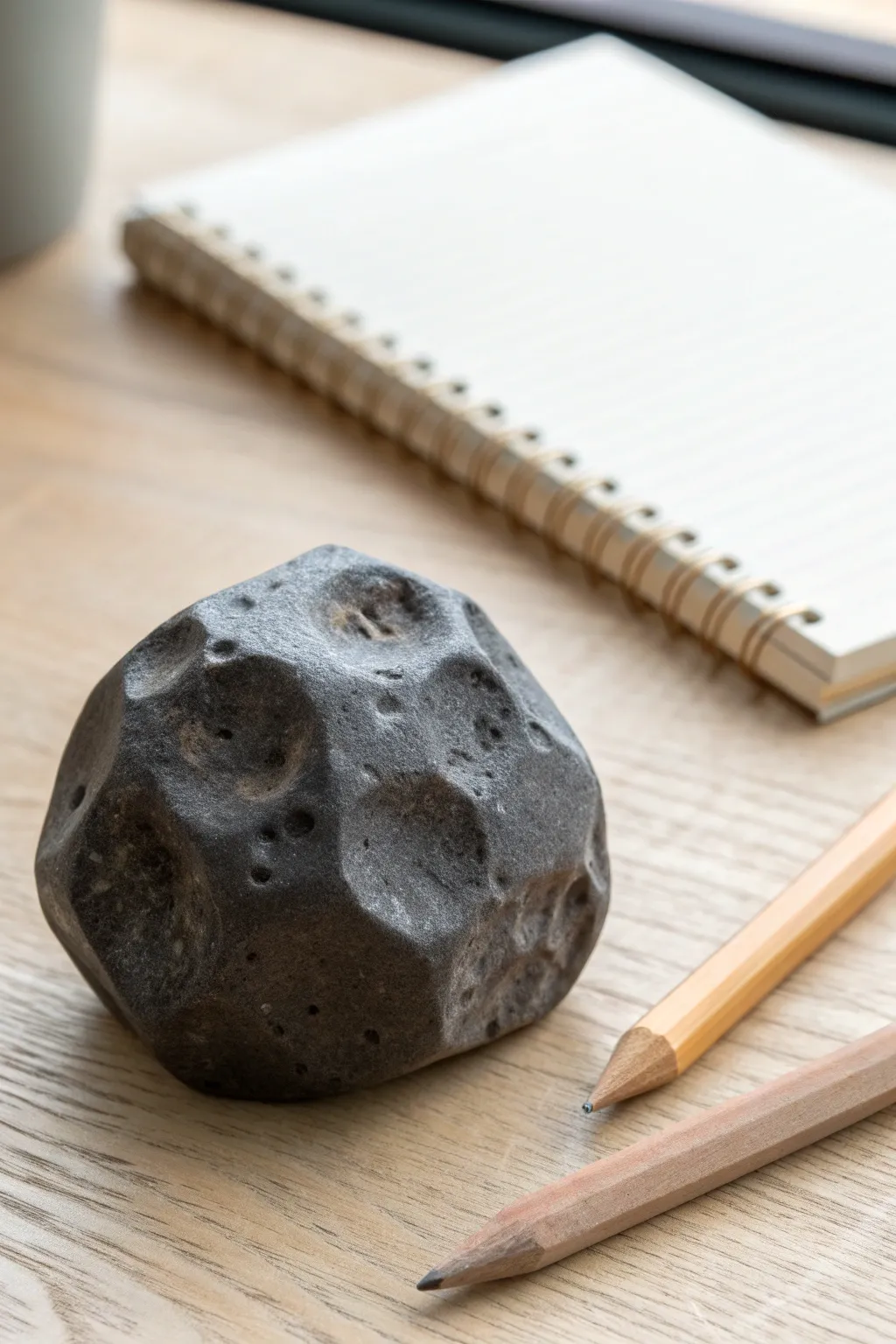Handcrafted meteorite clay paperweight in charcoal gray, minimalist desk styling.