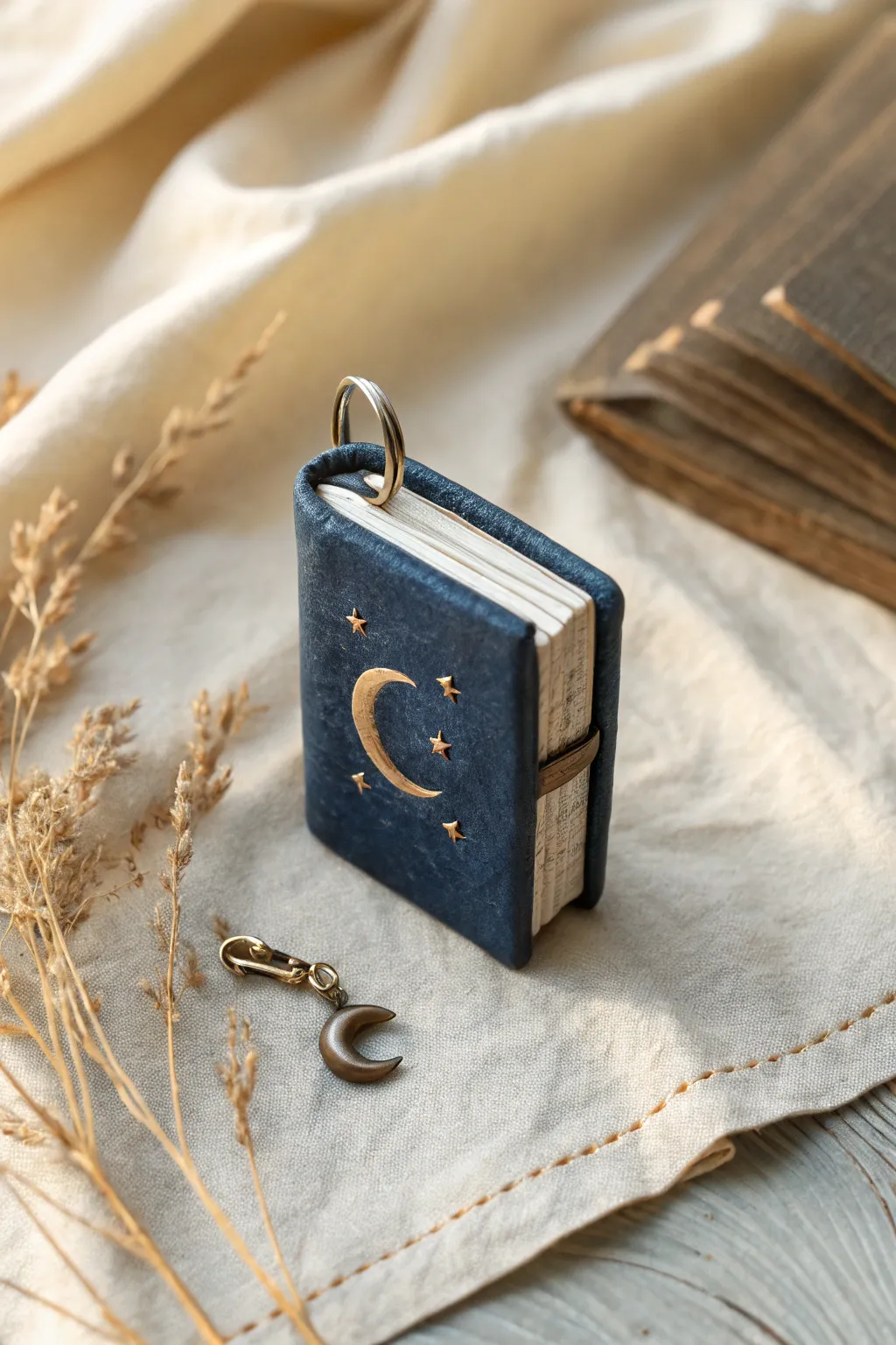 Spooky-cute clay spell book charm with moon symbol, deep hues and soft edge highlights.