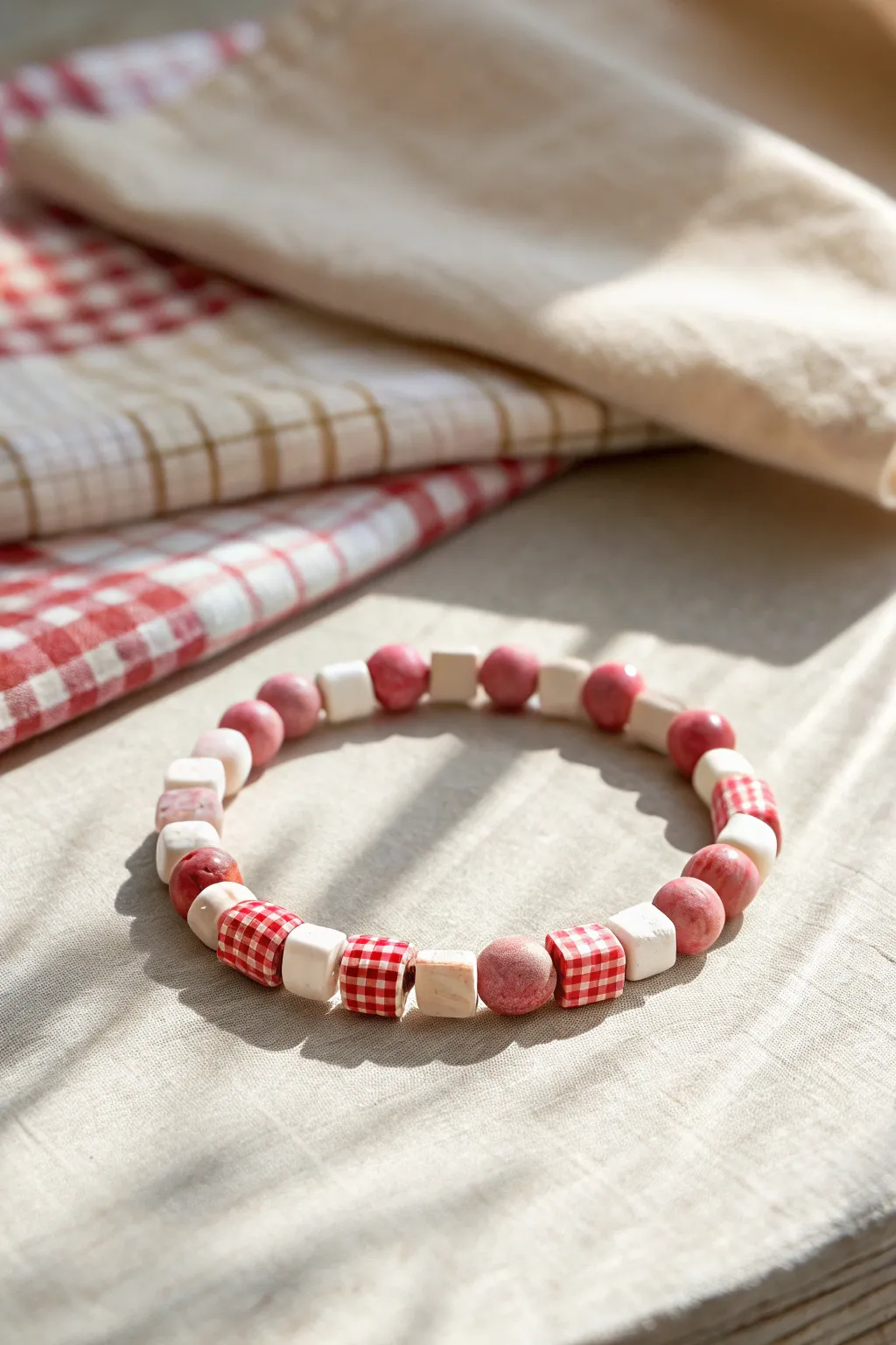Spring gingham clay bead bracelet in red, white, and blush beside soft linen for picnic vibes