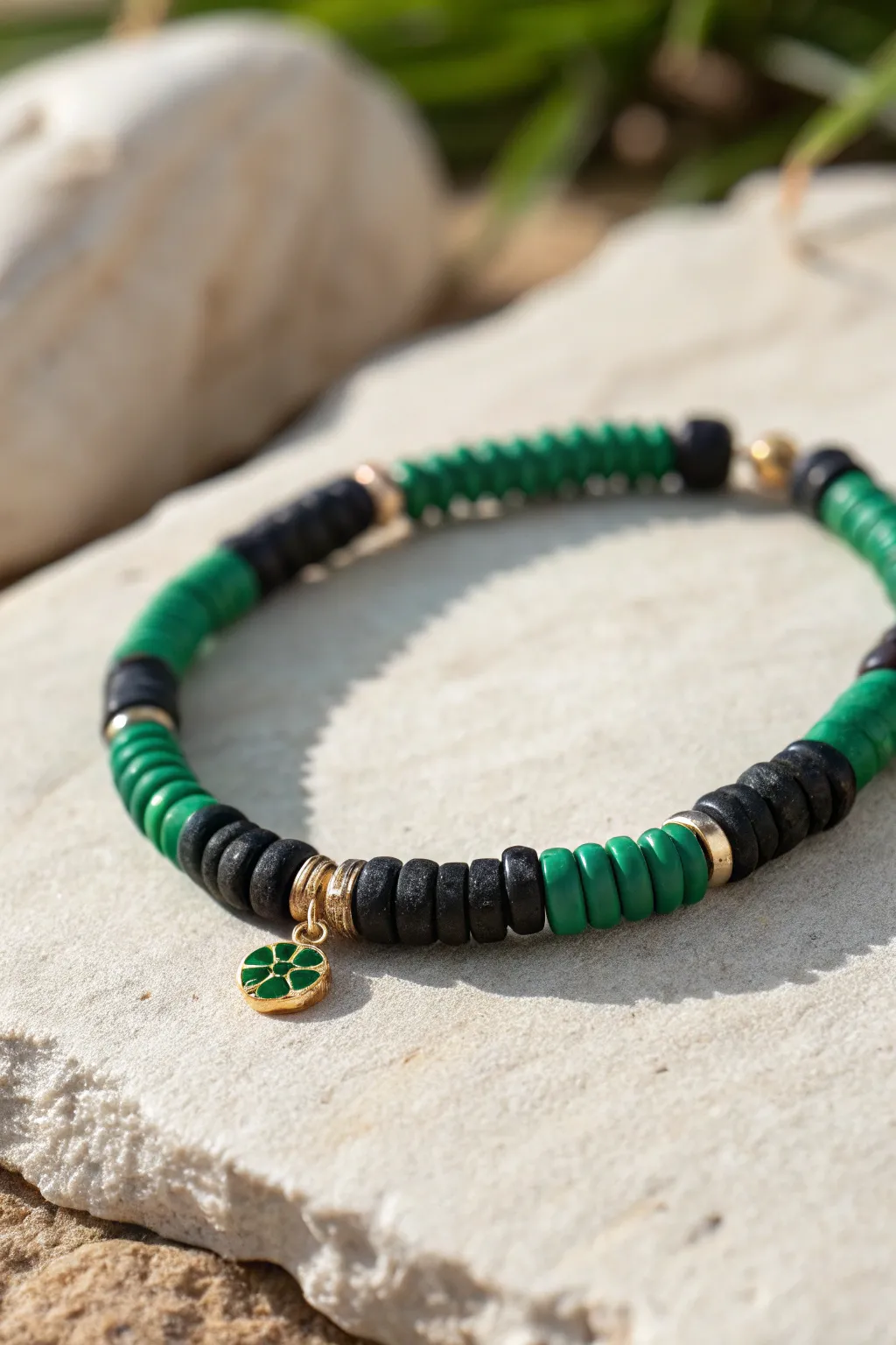 Minimal green heishi bracelet with a tiny leprechaun hat bead for St Patricks Day charm