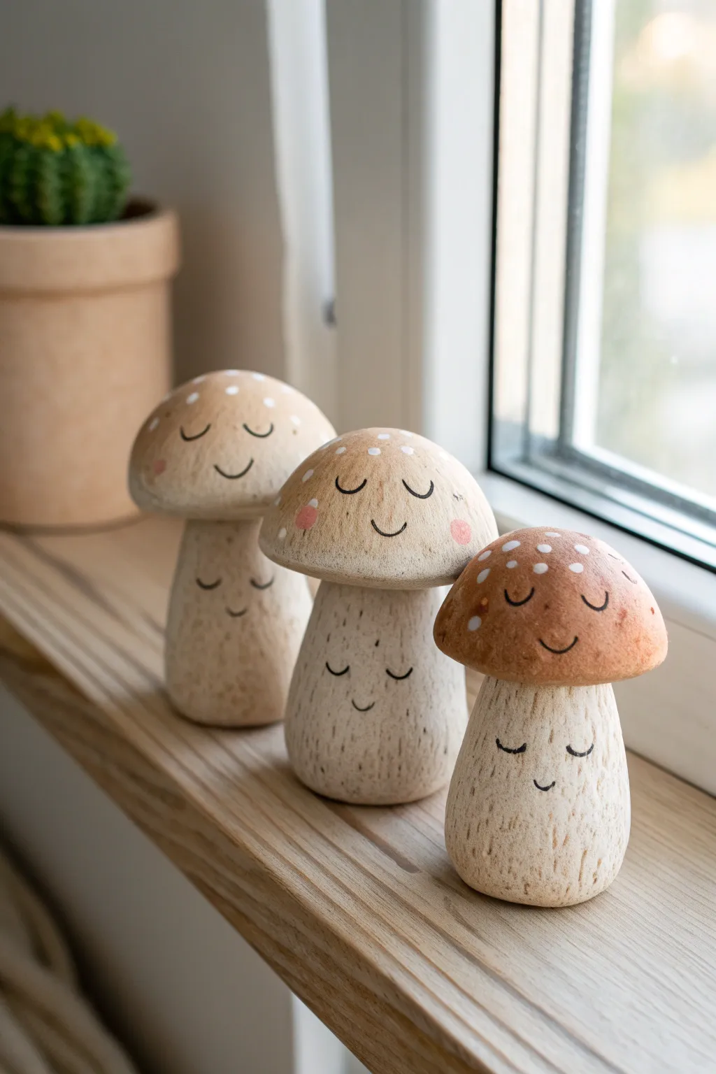 Sleepy mushroom buddies in warm stoneware tones, a cozy stoner shelf set you can DIY.