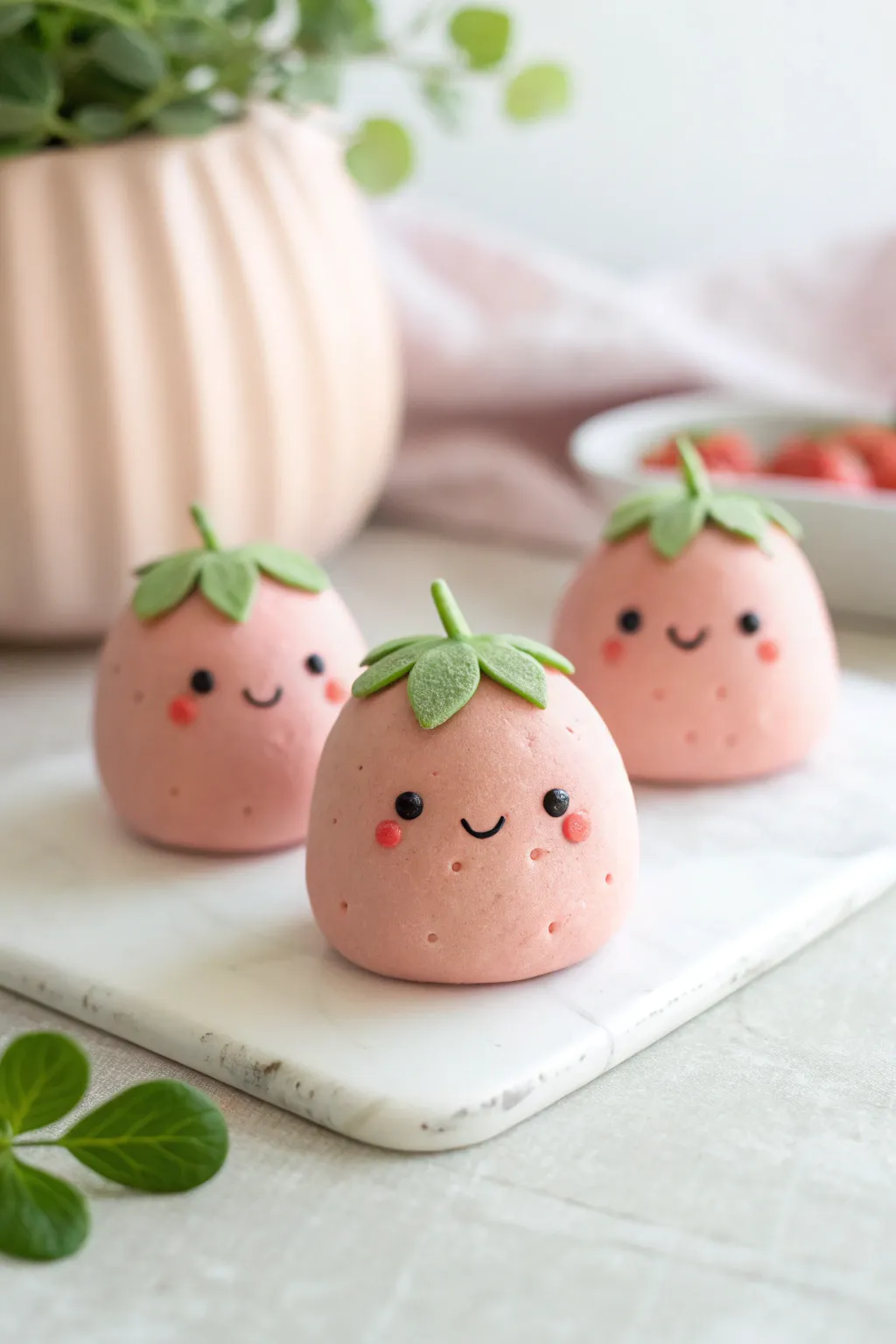 Kawaii strawberry desk buddies: three sweet clay figurines with rosy cheeks on a pastel backdrop.