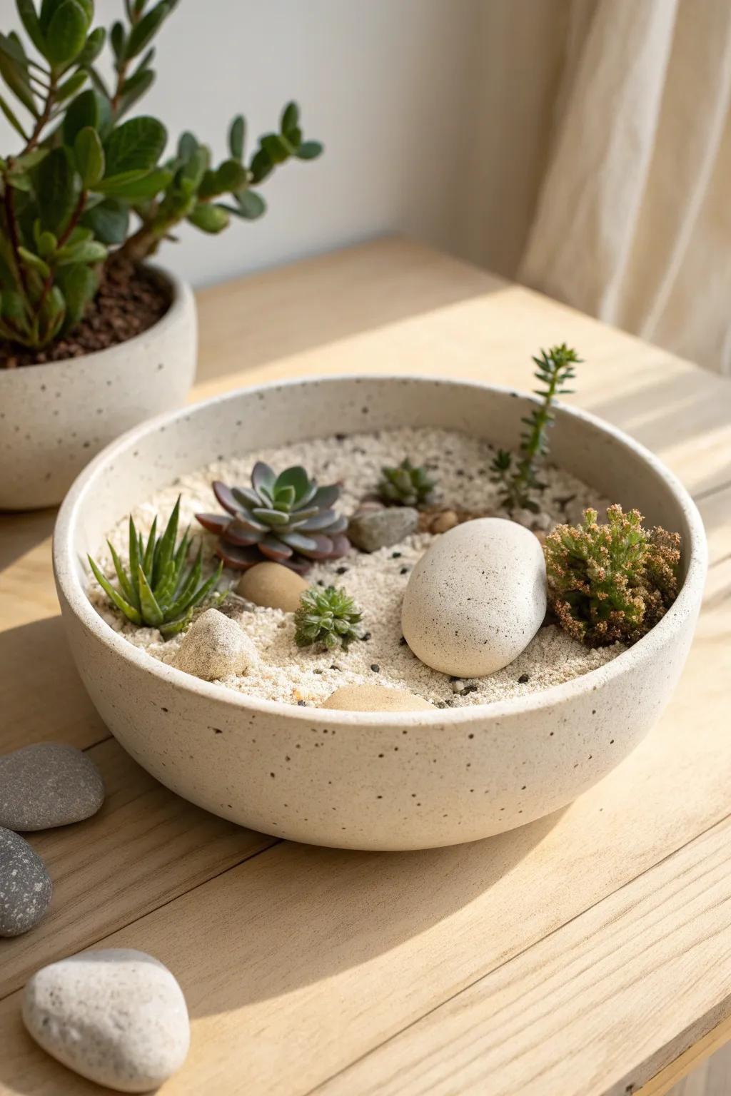 Mini desert dish planter: succulents, sand and stones in a calm Scandinavian-boho palette.