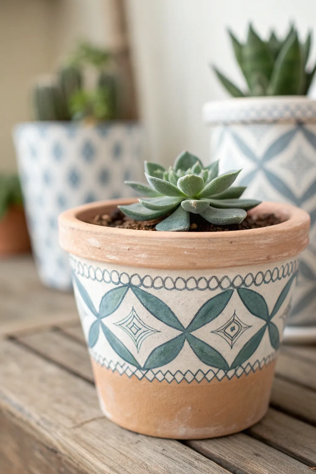 Simple two-tone tile motifs turn a plain succulent pot into a calm, modern boho accent.