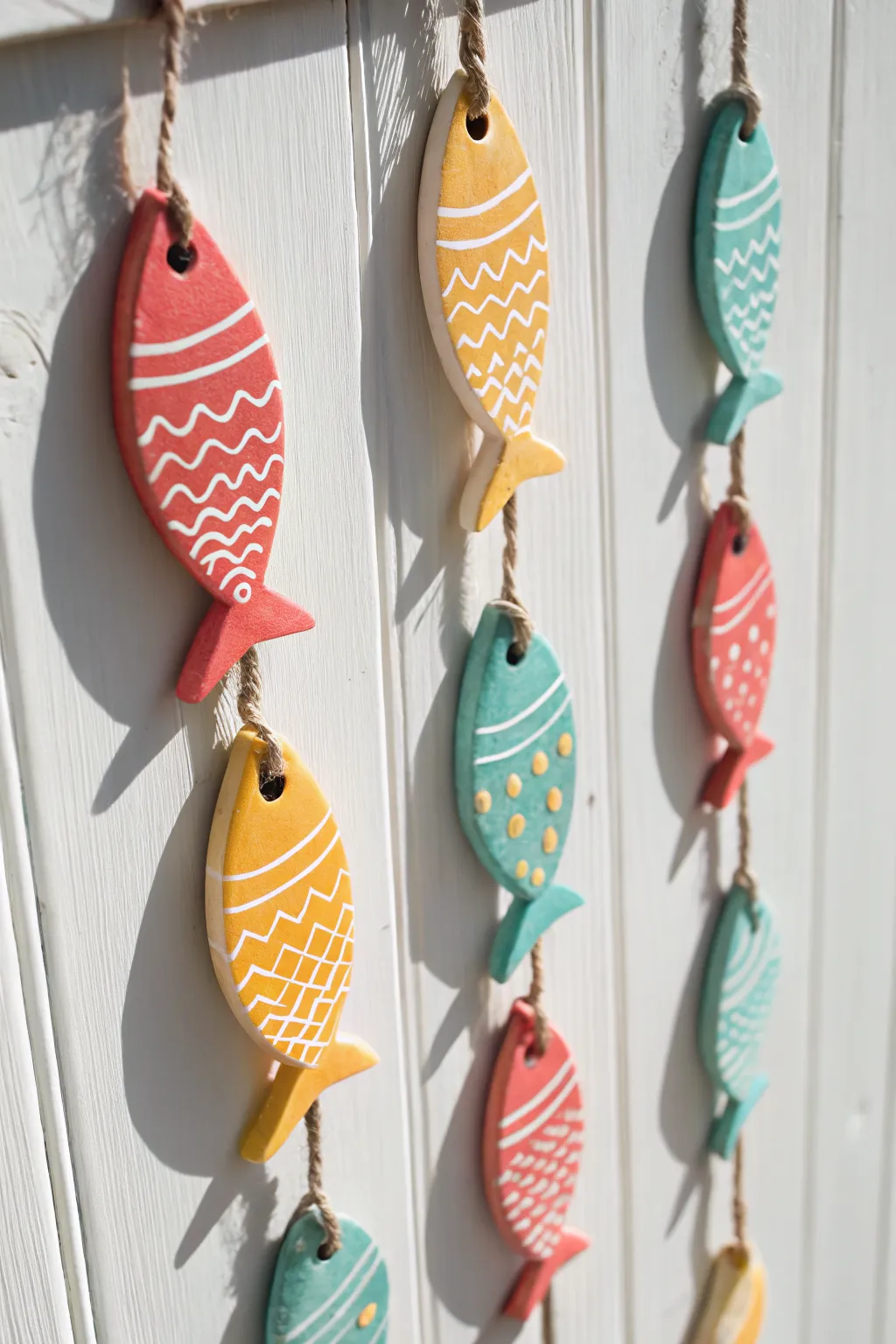 Bright painted clay fish garland in bold summer colors, a simple boho accent for sunny walls