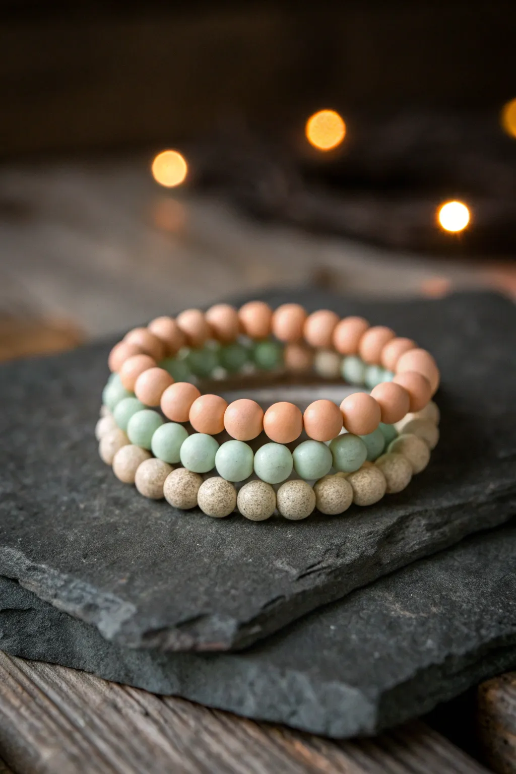 Soft neutral clay bead bracelets with a subtle glow, perfect for summer bonfire nights