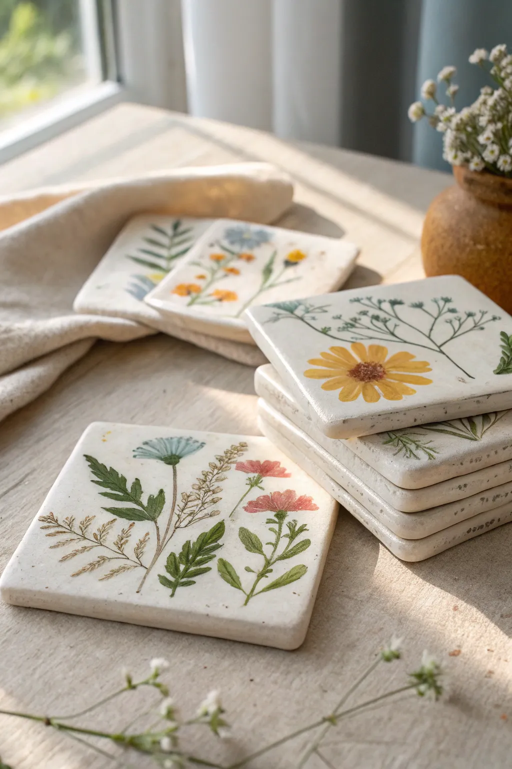 Pressed wildflower summer tiles in airy pastels, a sweet boho-minimal coaster stack.