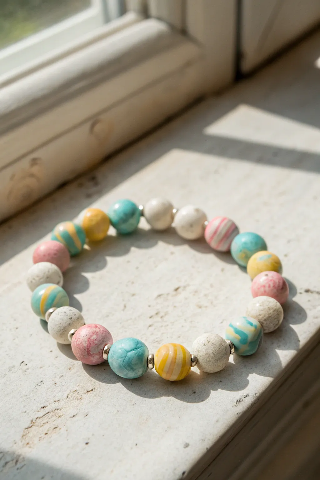 Swirled tie-dye clay beads with simple heishi accents for an easy, sunny summer bracelet.