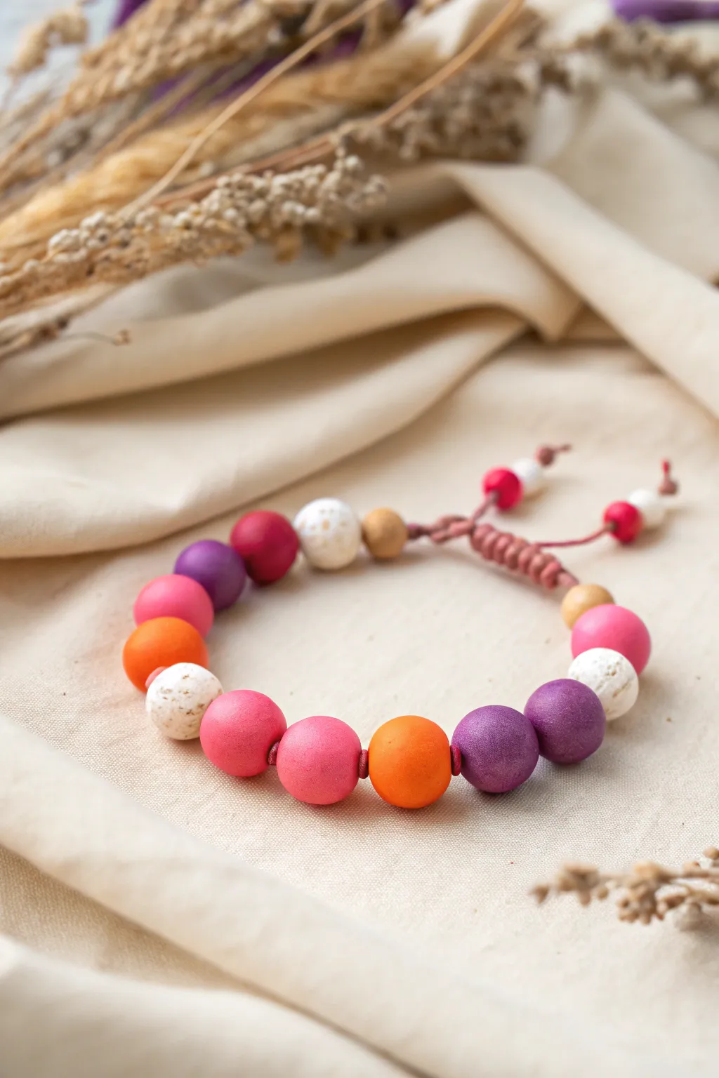 Neon sunset clay bead bracelet in hot pink, tangerine, and electric purple glow