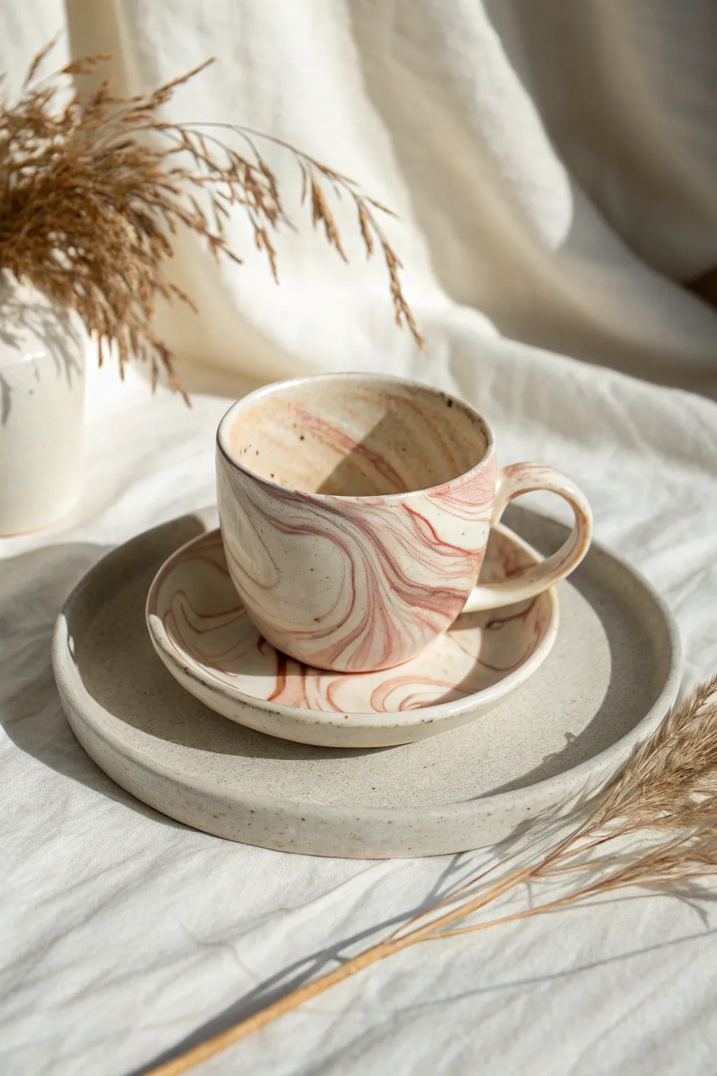 Soft marbled clay swirls meet a simple saucer for an elegant, cozy tea moment at home.