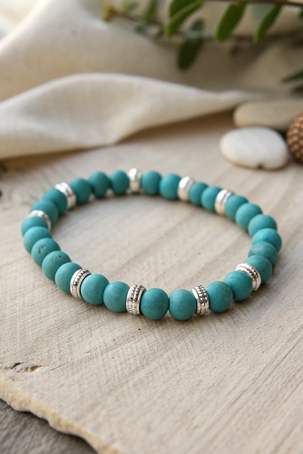 Teal clay bead bracelet with repeating white mini disc spacers, minimal and handcrafted.