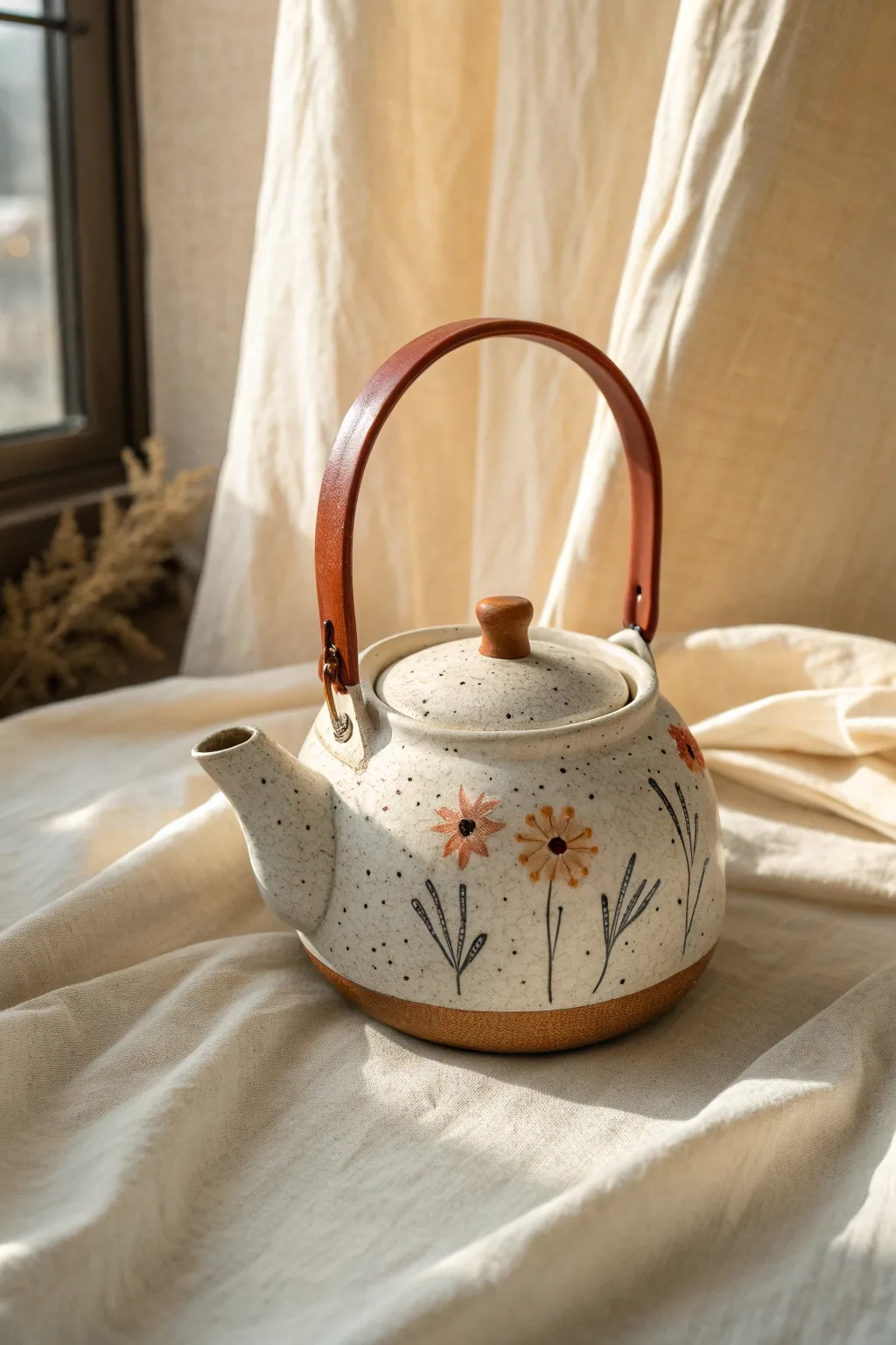 Simple dot-floral teapot with bold terracotta spout and handle accents for a clean, modern look