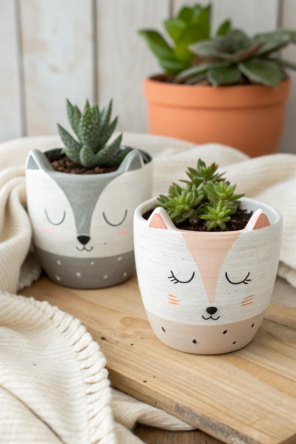 Minimal terra cotta animal face pots with painted ears, styled with succulents in soft neutral tones