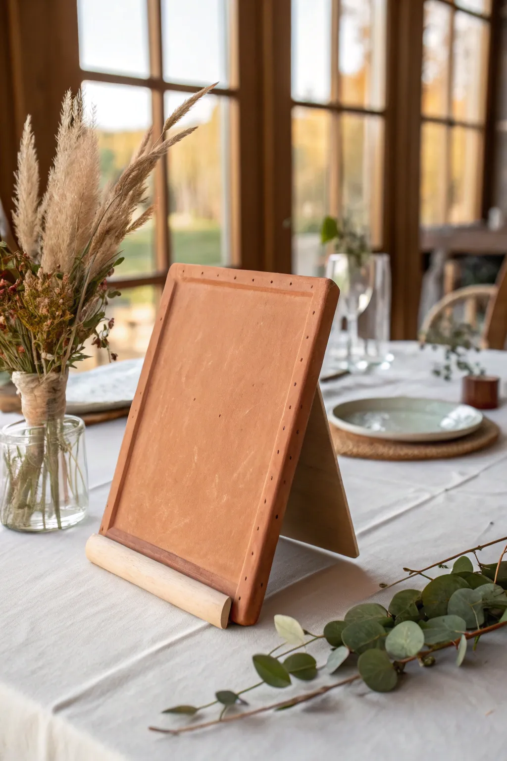 Minimal terracotta menu plaque on a wooden easel, perfect for a warm boho wedding