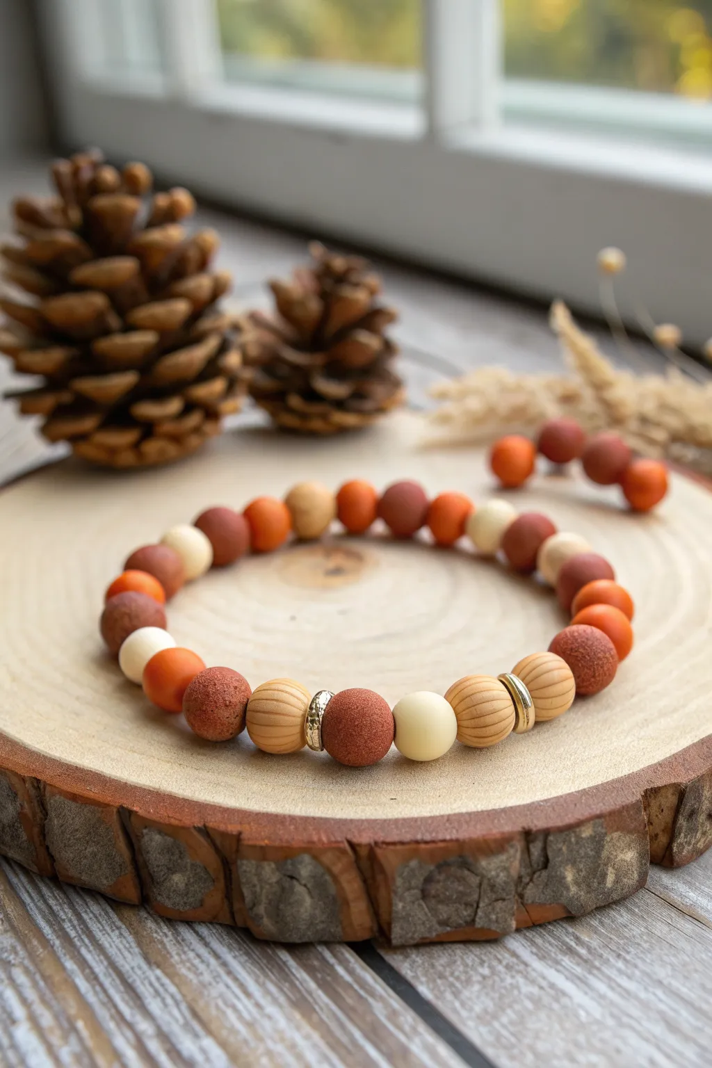 Rustic Thanksgiving bracelet with clay heishi and warm wood beads on a cozy cutting board.