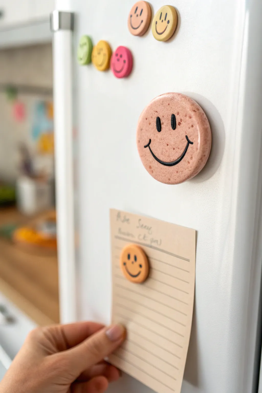 Cheerful handmade clay smiley magnet adds a pop of color to a cozy minimalist kitchen.