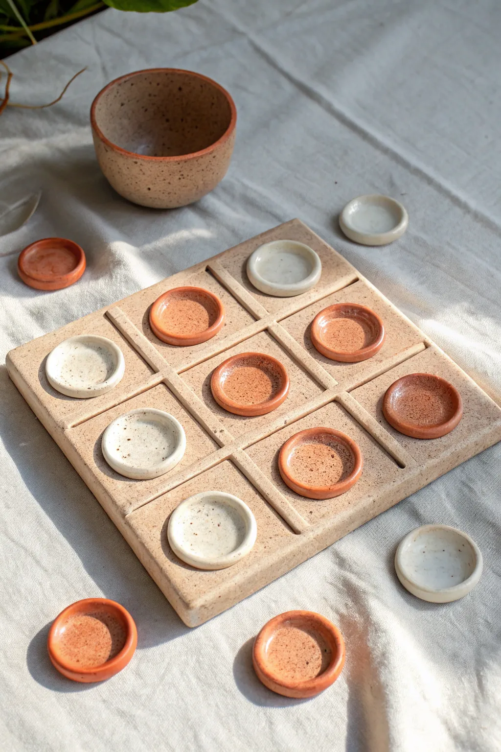 Minimal inset-well clay tic tac toe board with snug domed tokens in terracotta and ivory.