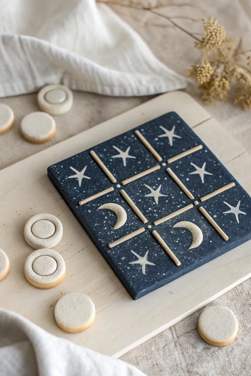 Dreamy sun vs moon clay tic tac toe set with starry board, minimal and beginner-friendly