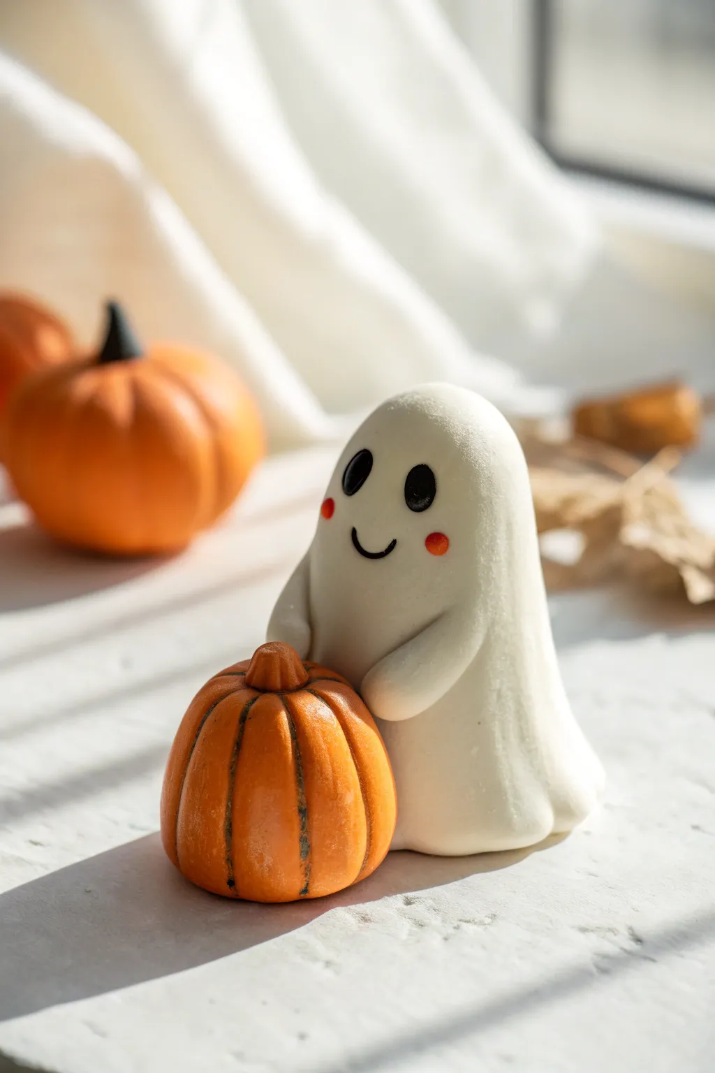Tiny polymer clay ghost with mini pumpkin, minimalist boho Halloween decor you can make in minutes