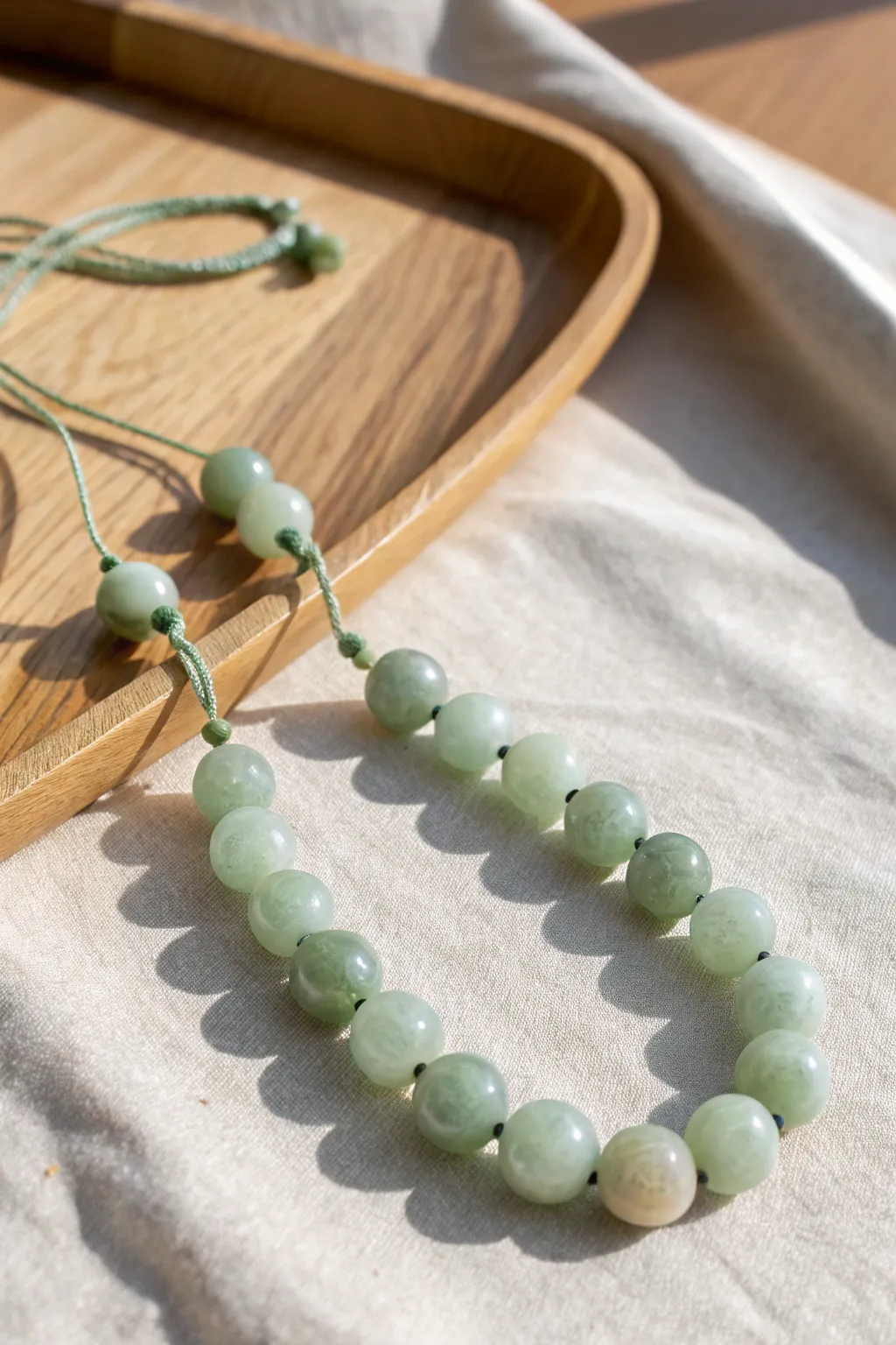Soft green translucent faux jade pebble beads, side-lit for a gentle stone-like glow
